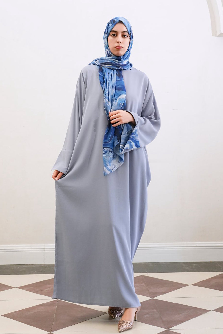 Amira Printed Casual Abaya with Hijab 942 -Blue