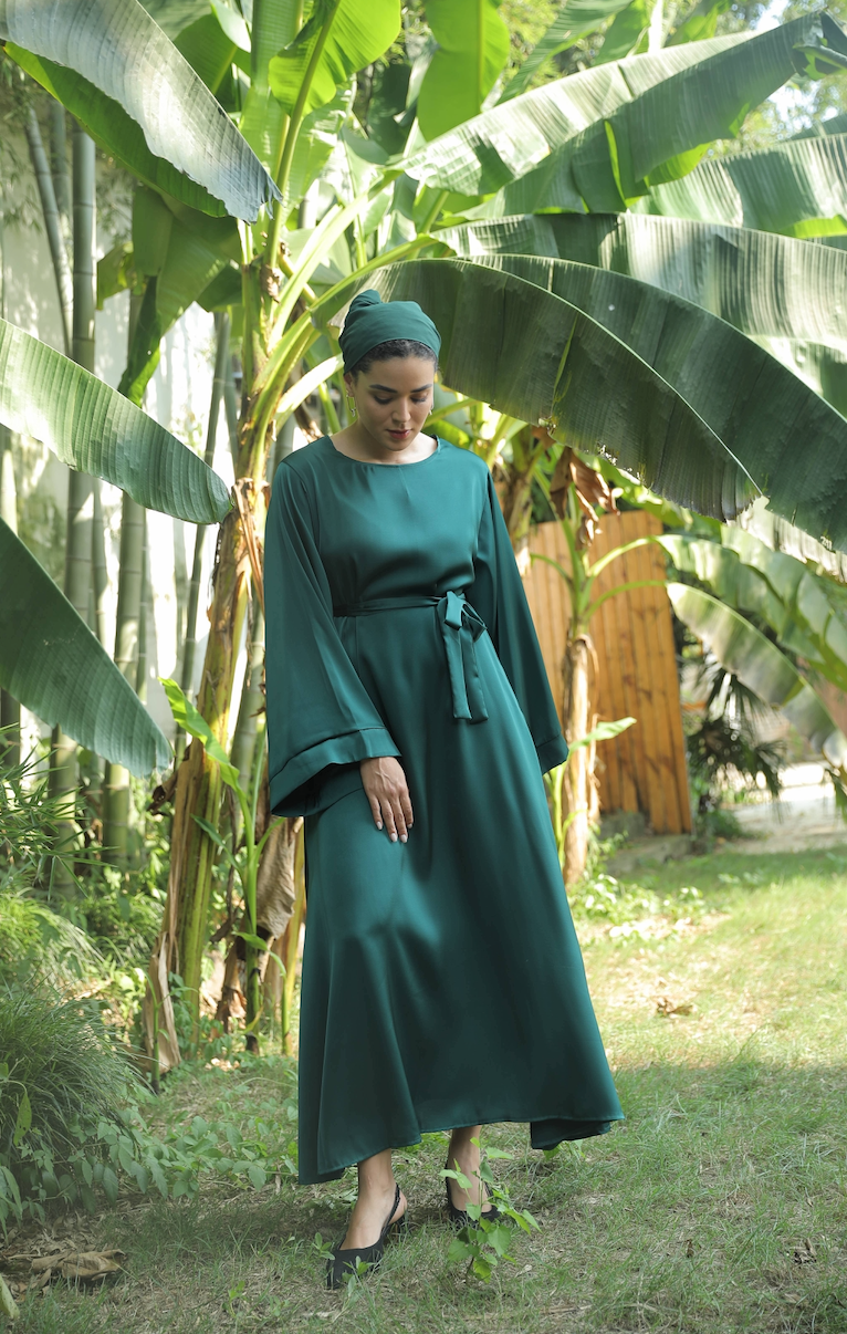 ALEENA Satin Polyester Modest Maxi Dress Abaya 503 - SeaGreen - Meliza