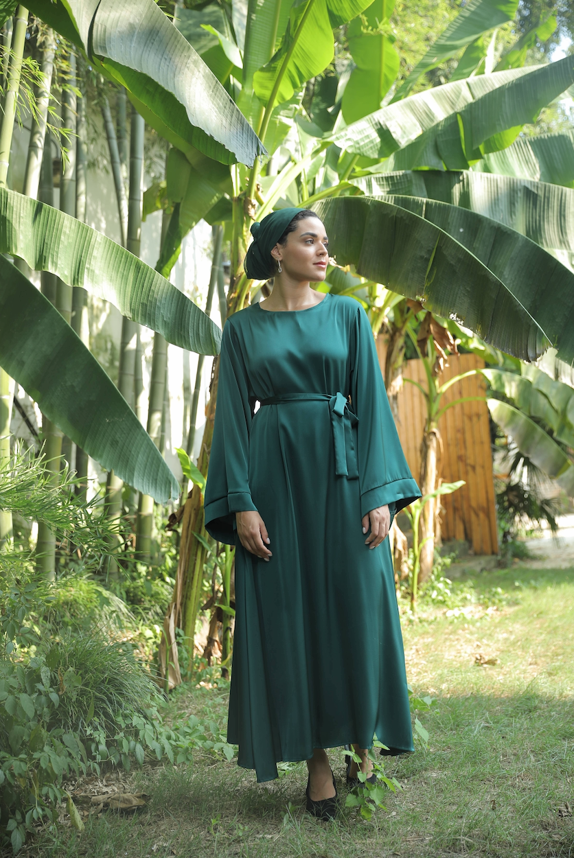 ALEENA Satin Polyester Modest Maxi Dress Abaya 503 - SeaGreen - Meliza