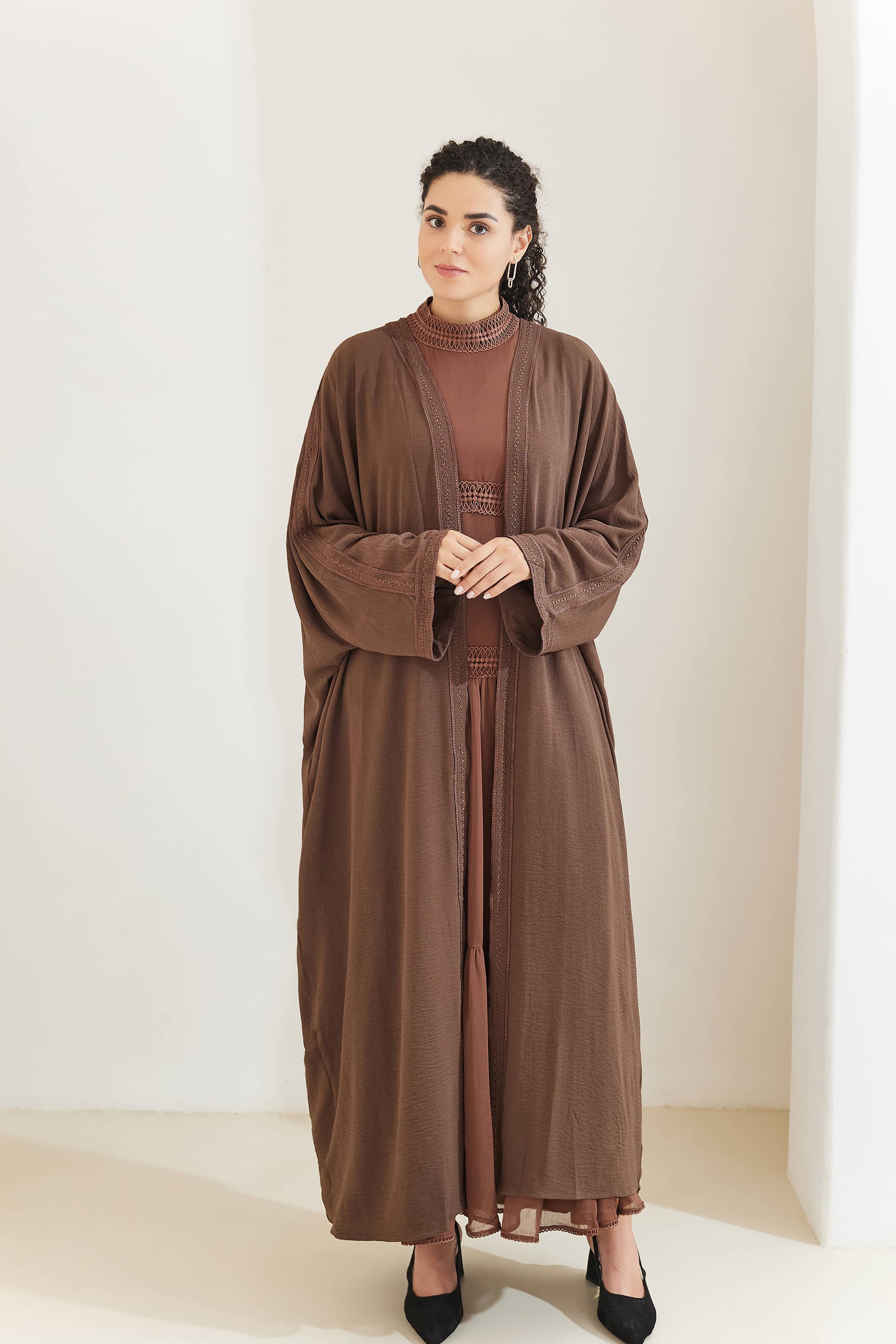 Rahma Cotton Bat Sleeve Modest Open Abaya - SaddleBrown - Meliza