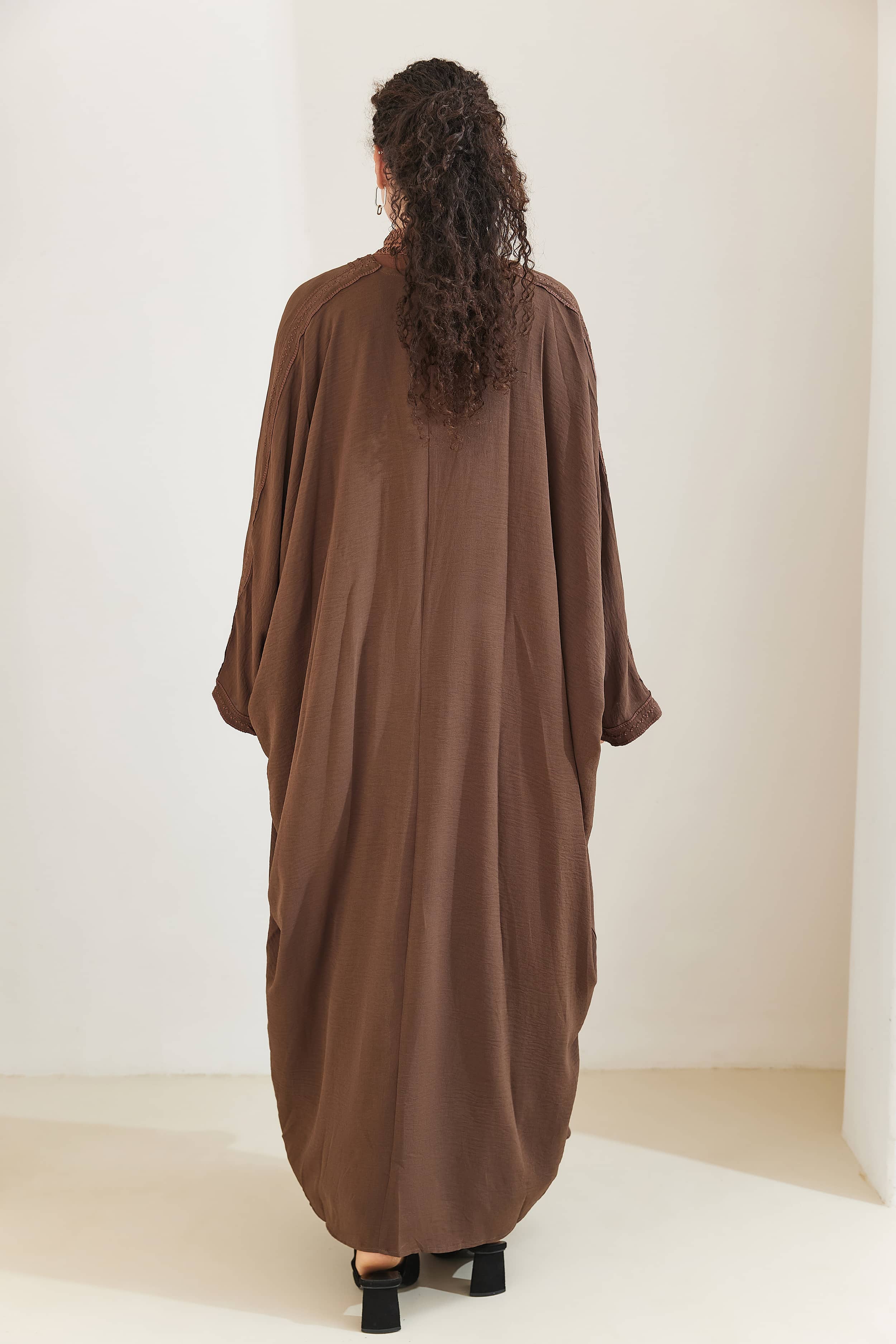 Rahma Cotton Bat Sleeve Modest Open Abaya - SaddleBrown - Meliza