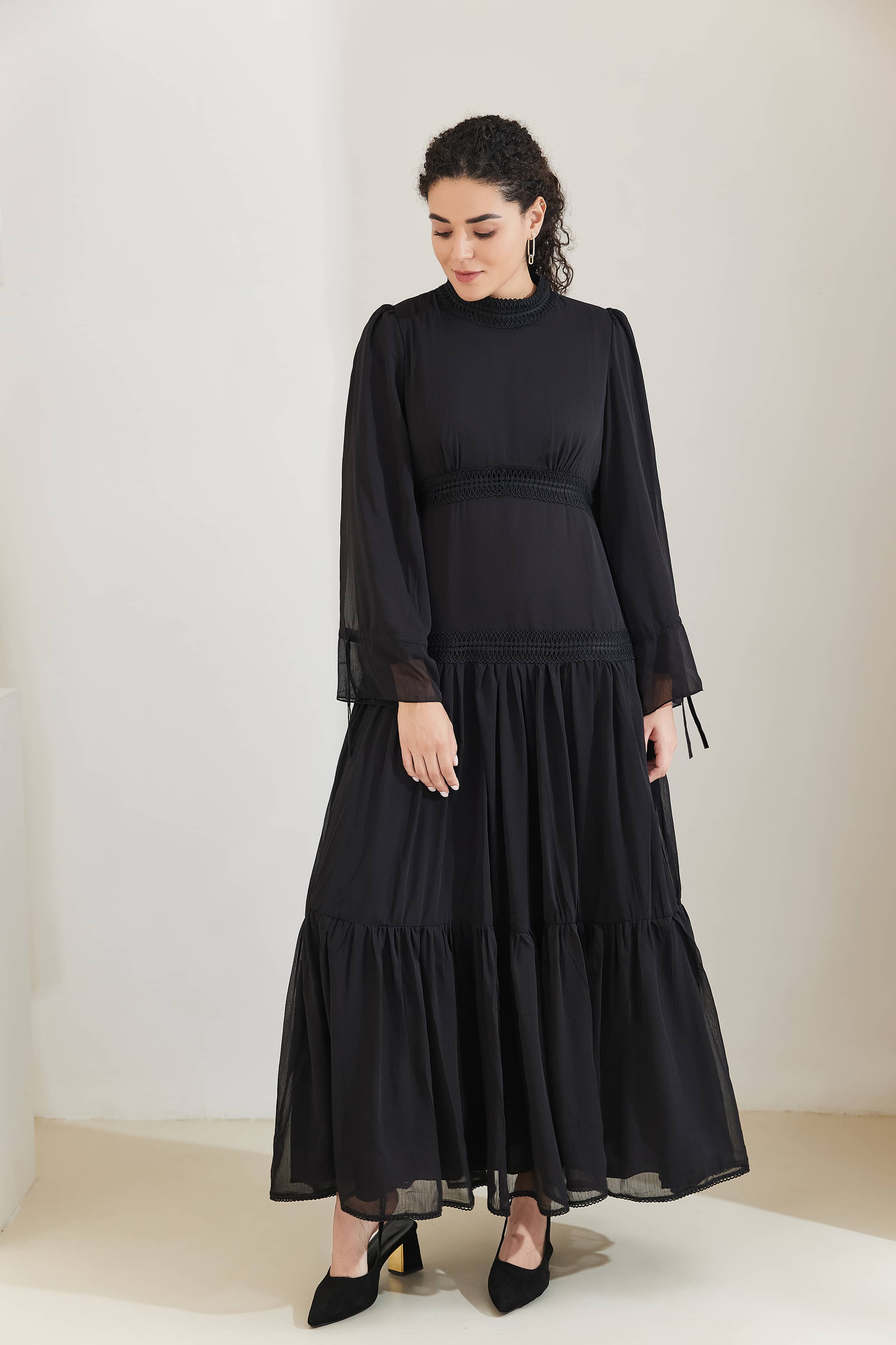 HANI Chiffon Modest Tiered Maxi Dress Abaya - Black - Meliza