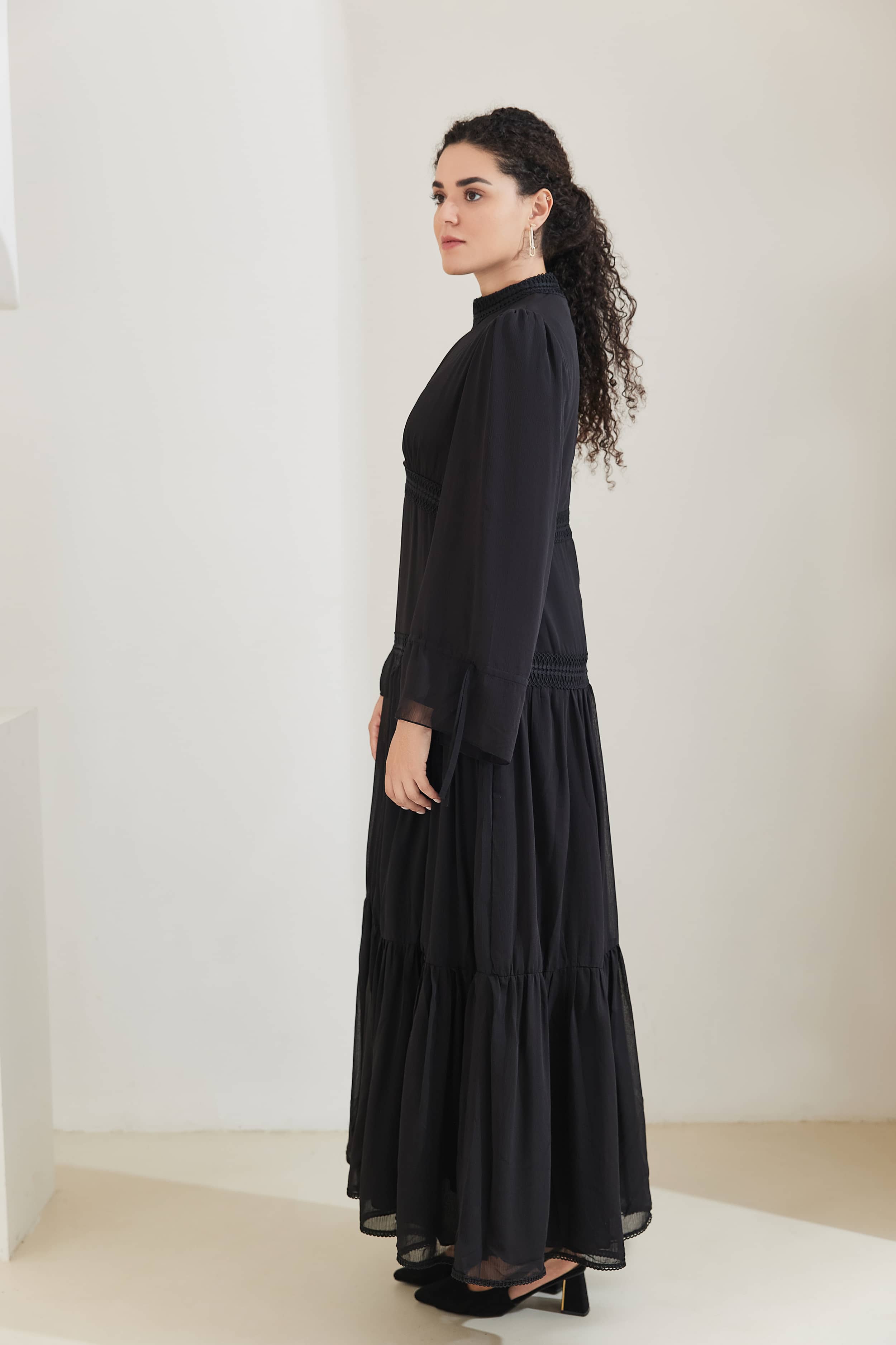 HANI Chiffon Modest Tiered Maxi Dress Abaya - Black - Meliza