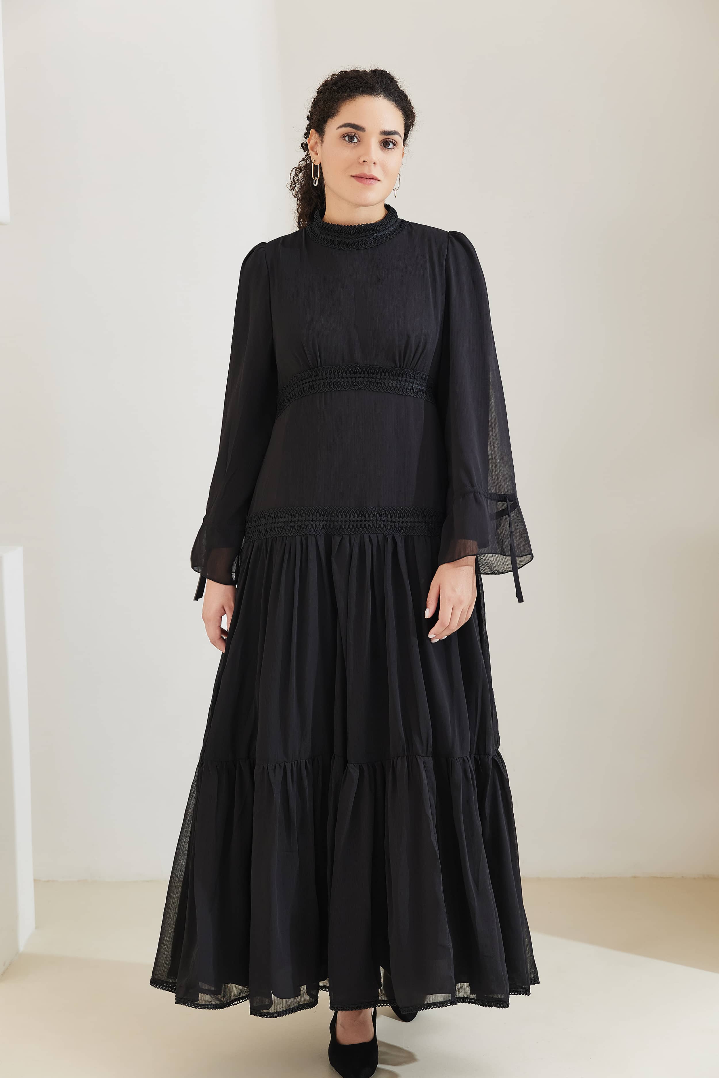 HANI Chiffon Modest Tiered Maxi Dress Abaya - Black - Meliza