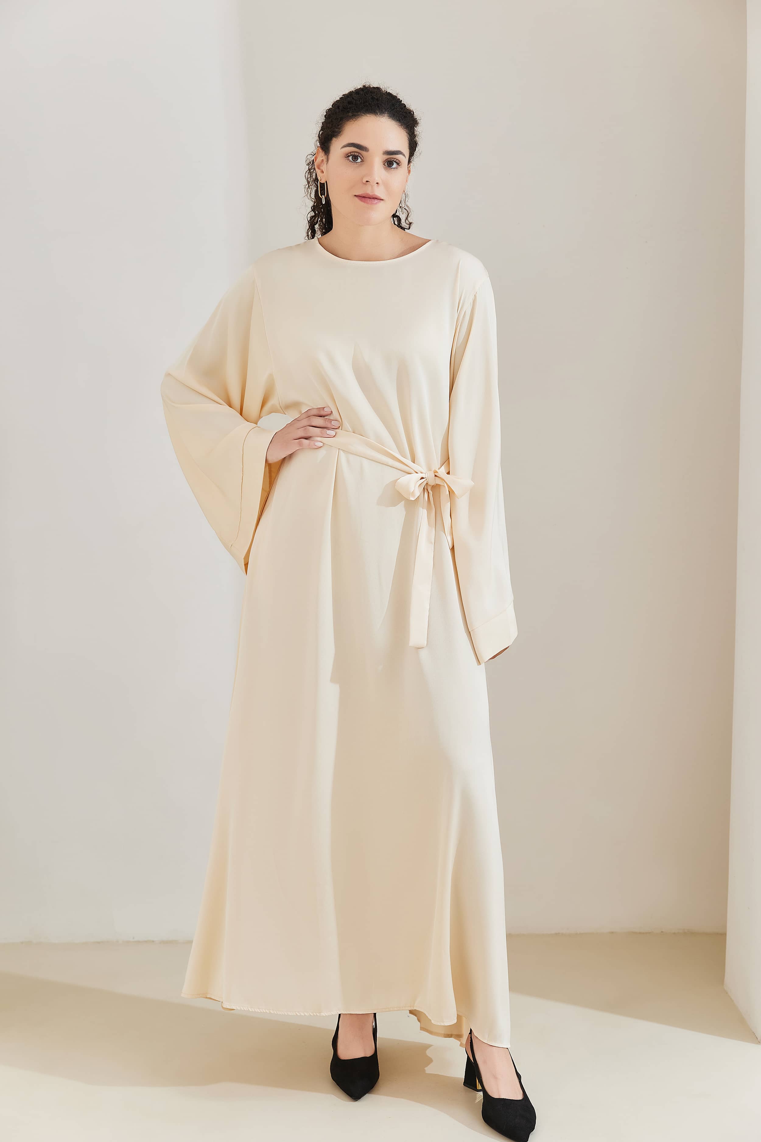 ALEENA Satin Polyester Modest Maxi Dress Abaya 503 - BlanchedAlmond - Meliza