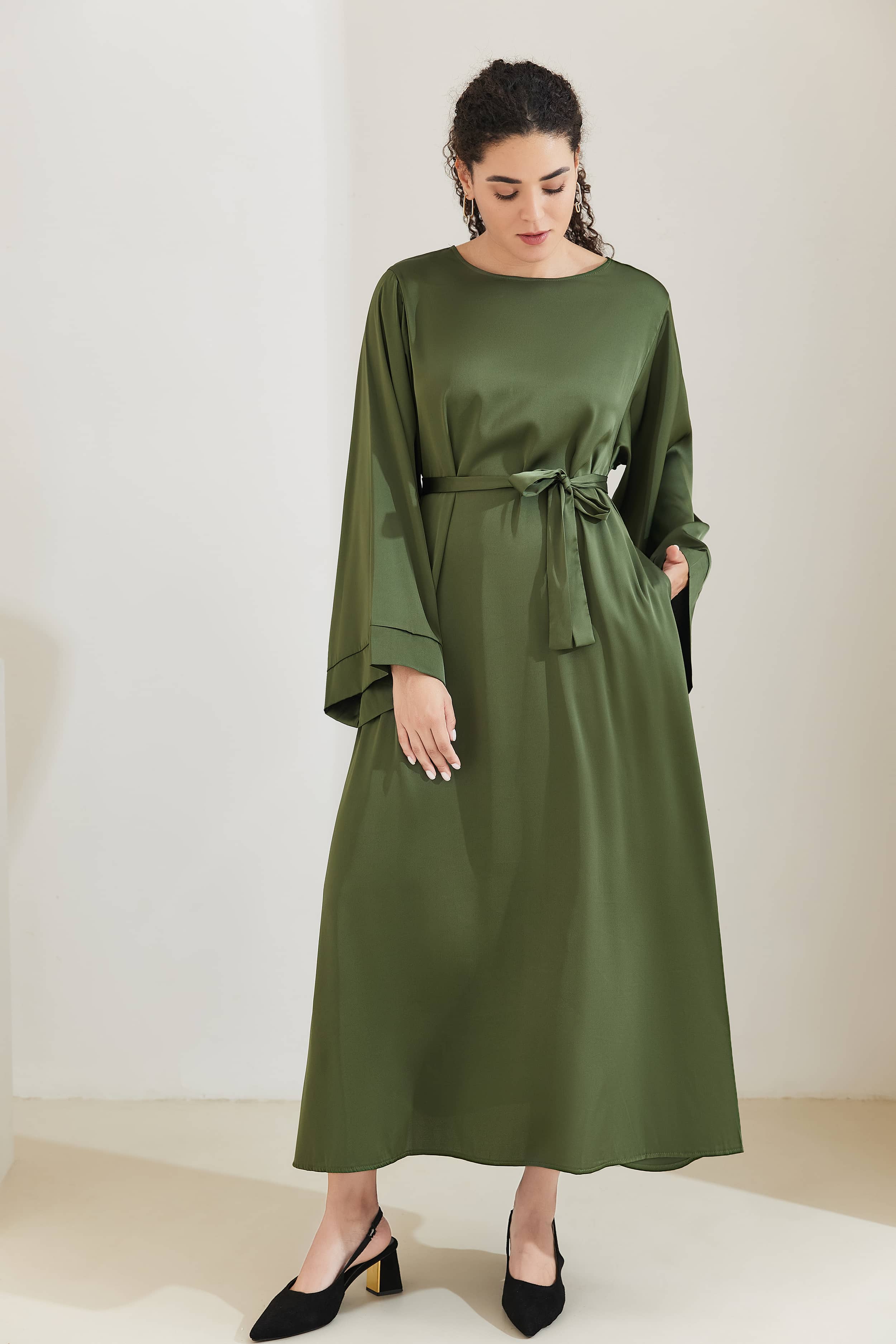 ALEENA Satin Polyester Modest Maxi Dress Abaya 503 - DarkOliveGreen - Meliza