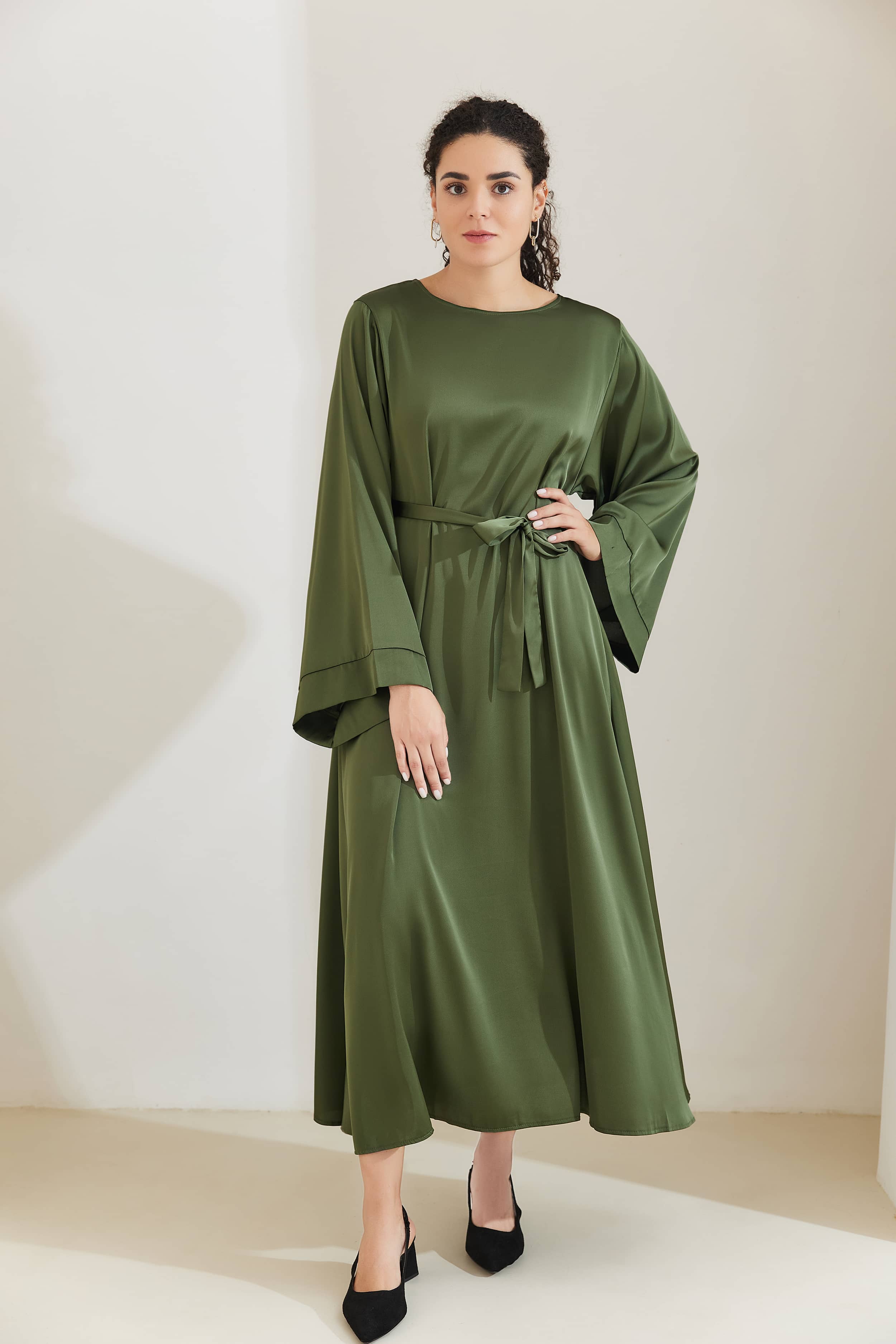 ALEENA Satin Polyester Modest Maxi Dress Abaya 503 - DarkOliveGreen - Meliza