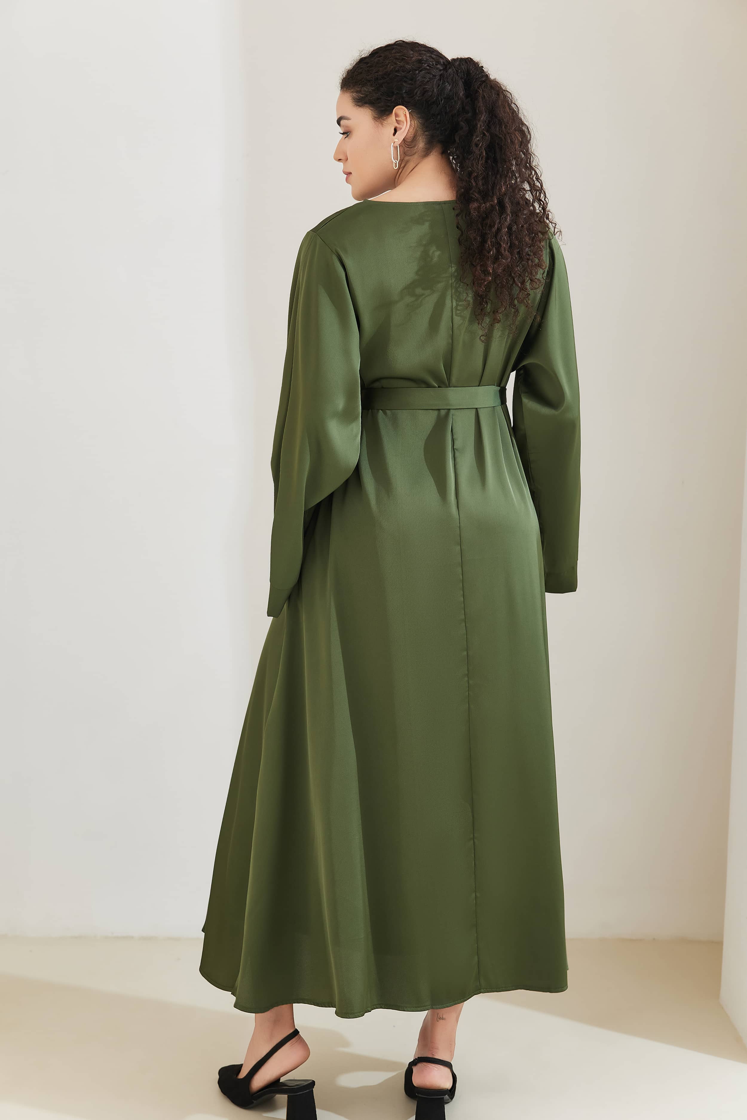 ALEENA Satin Polyester Modest Maxi Dress Abaya 503 - DarkOliveGreen - Meliza