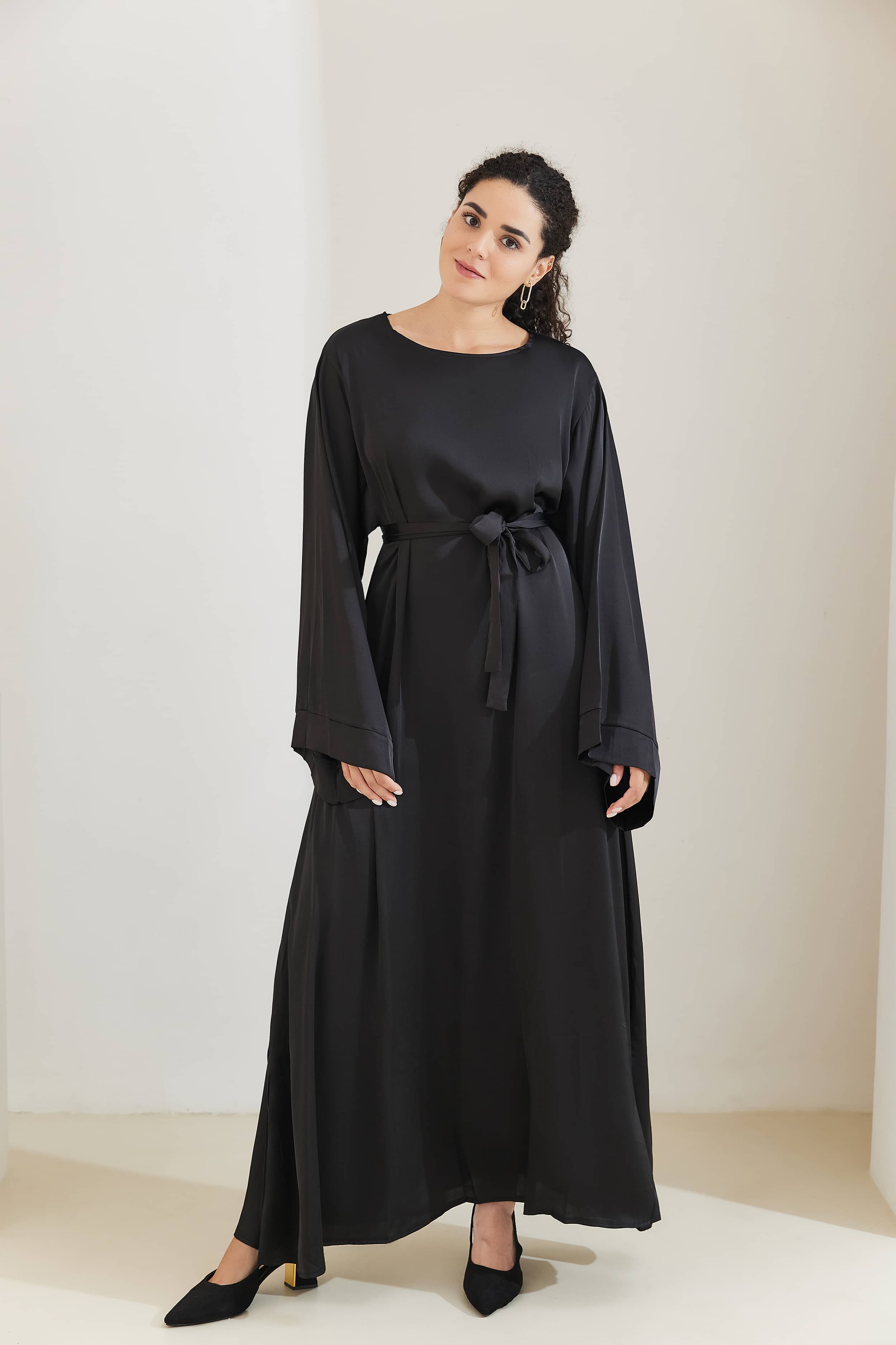 ALEENA Satin Polyester Modest Maxi Dress Abaya 503 - Black - Meliza