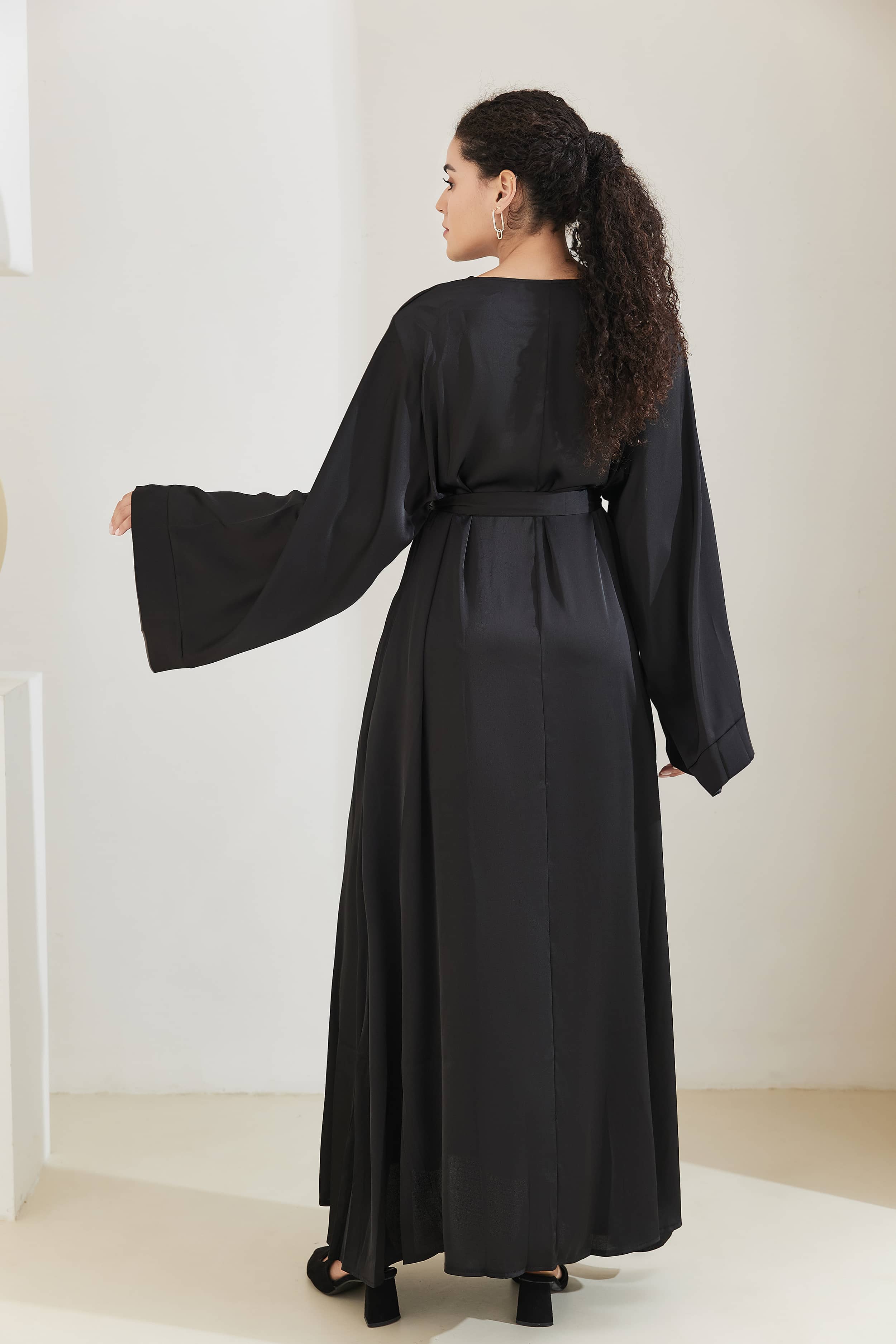 ALEENA Satin Polyester Modest Maxi Dress Abaya 503 - Black - Meliza