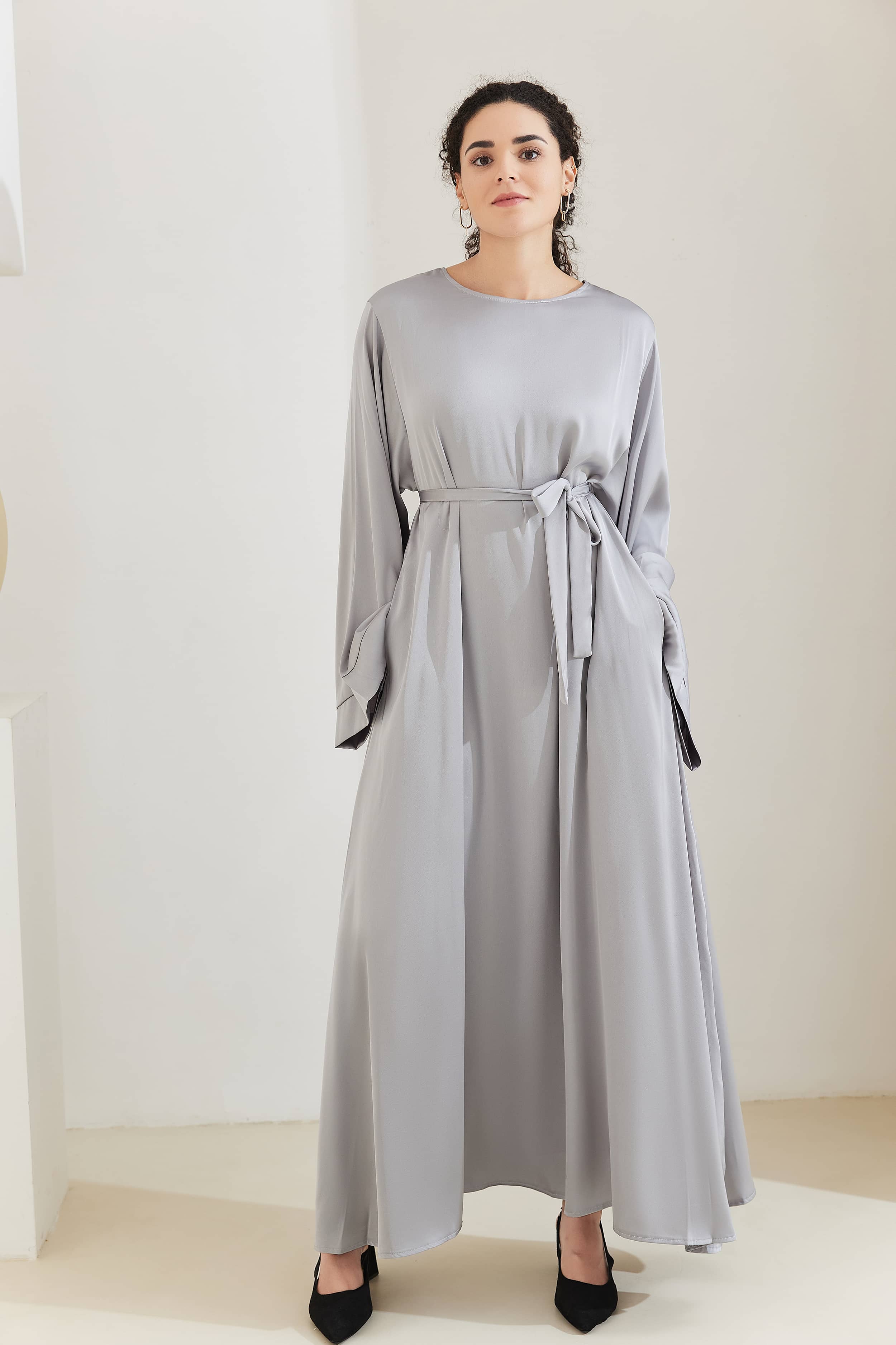 ALEENA Satin Polyester Modest Maxi Dress Abaya 503 - DarkGray - Meliza