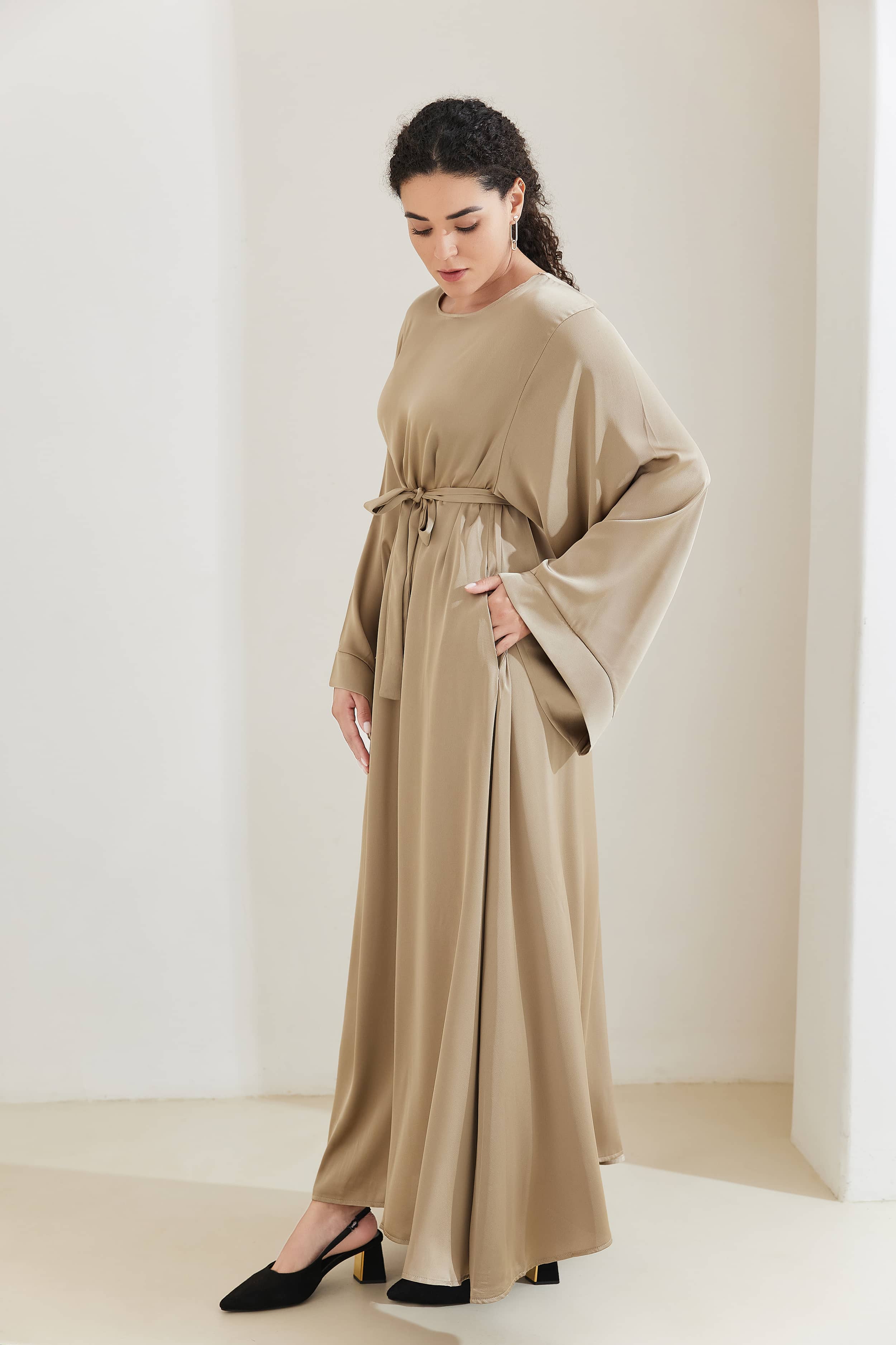 ALEENA Satin Polyester Modest Maxi Dress Abaya 503 - PaleGoldenRod - Meliza