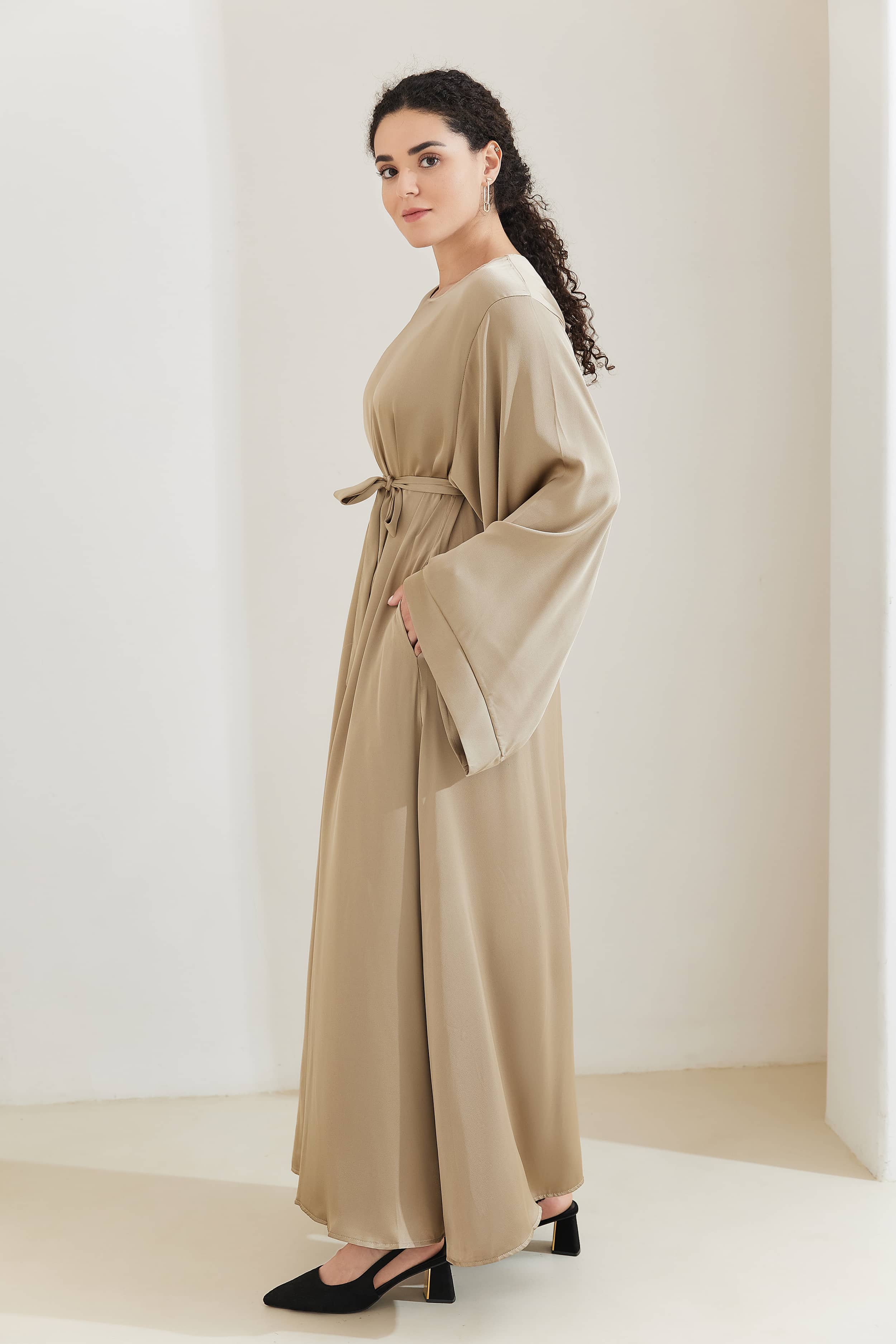 ALEENA Satin Polyester Modest Maxi Dress Abaya 503 - PaleGoldenRod - Meliza