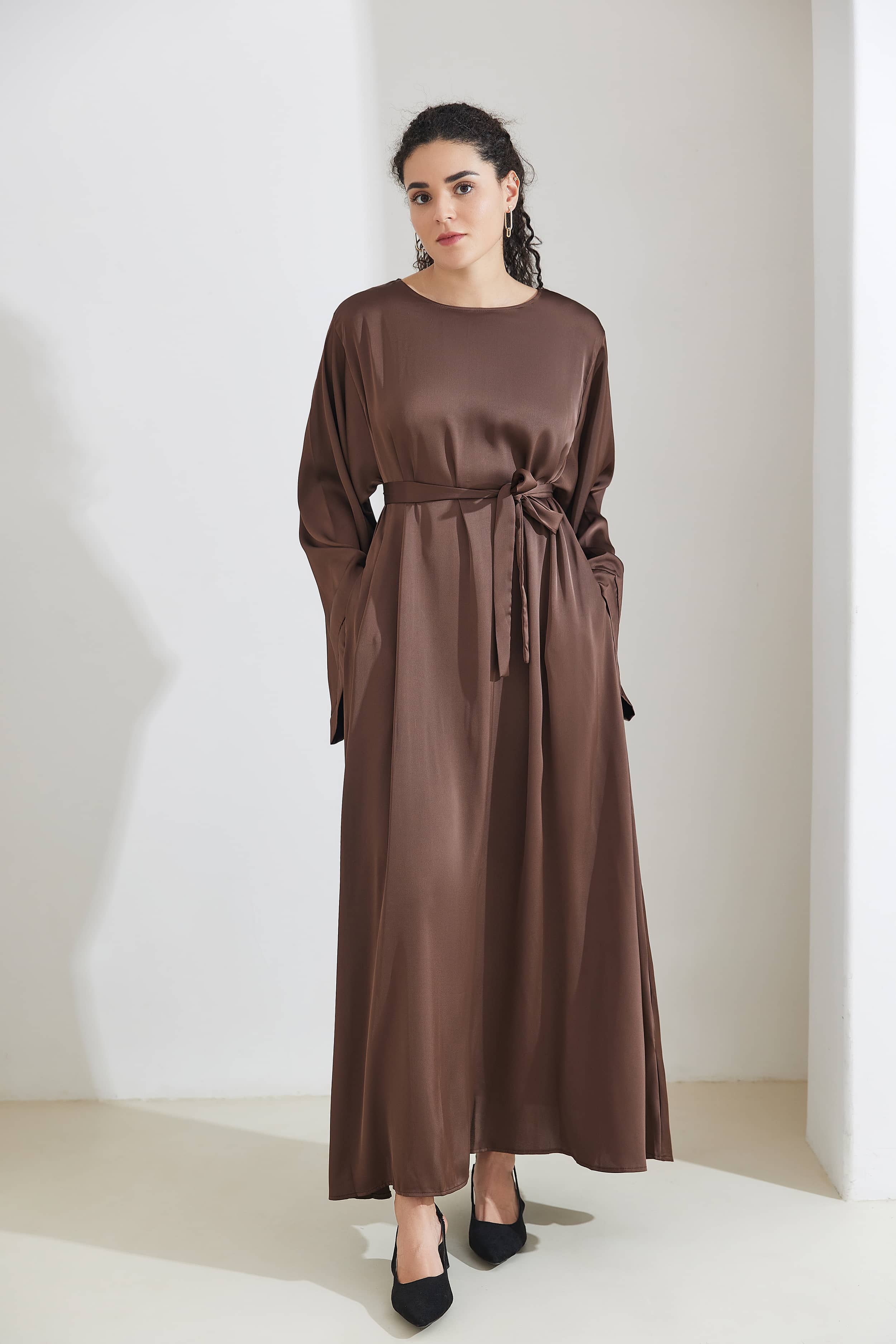 ALEENA Satin Polyester Modest Maxi Dress Abaya - SaddleBrown - Meliza