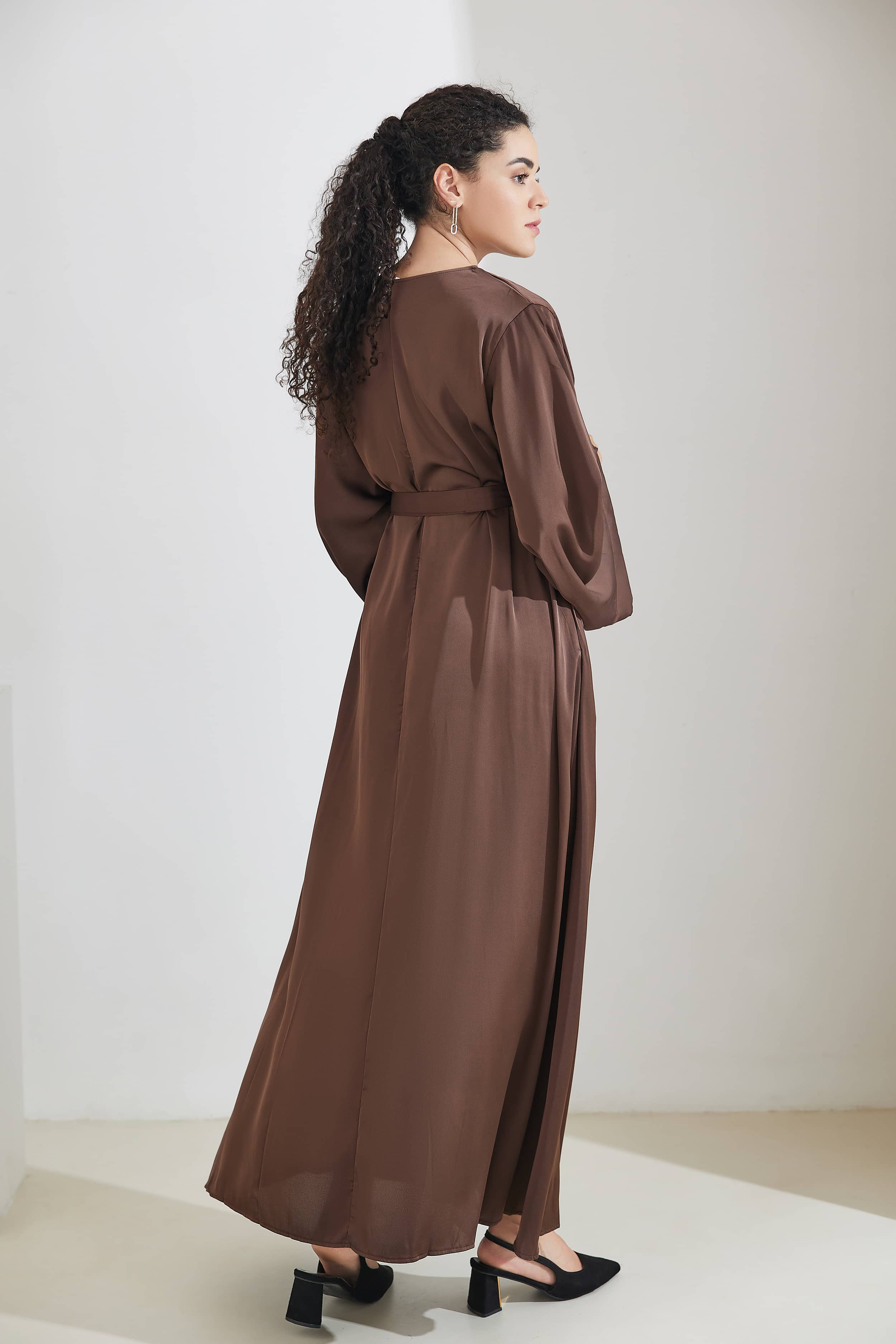 ALEENA Satin Polyester Modest Maxi Dress Abaya - SaddleBrown - Meliza