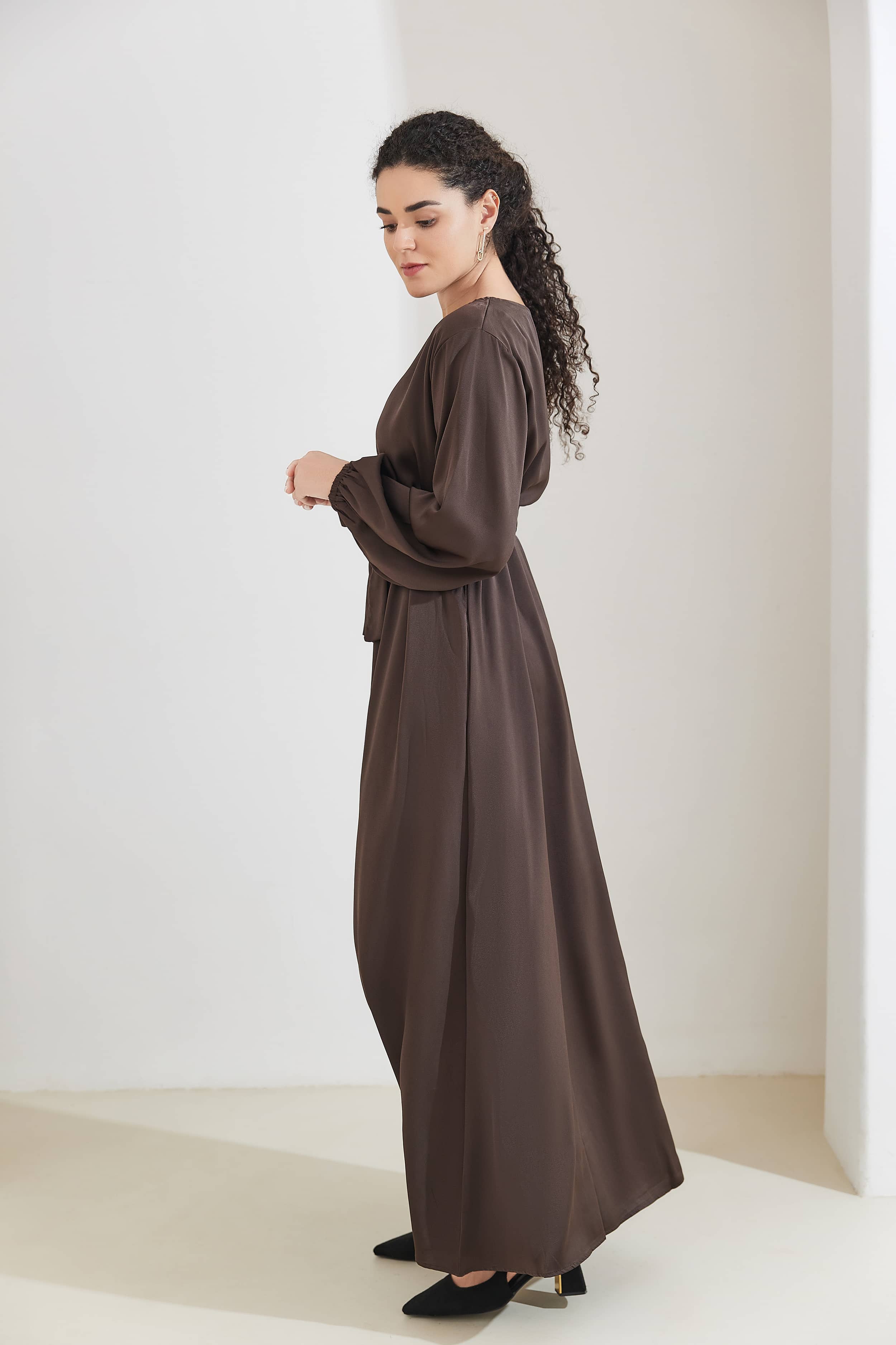 FATIMA Satin Modest Puff Sleeve Maxi Dress Abaya  - SaddleBrown - Meliza