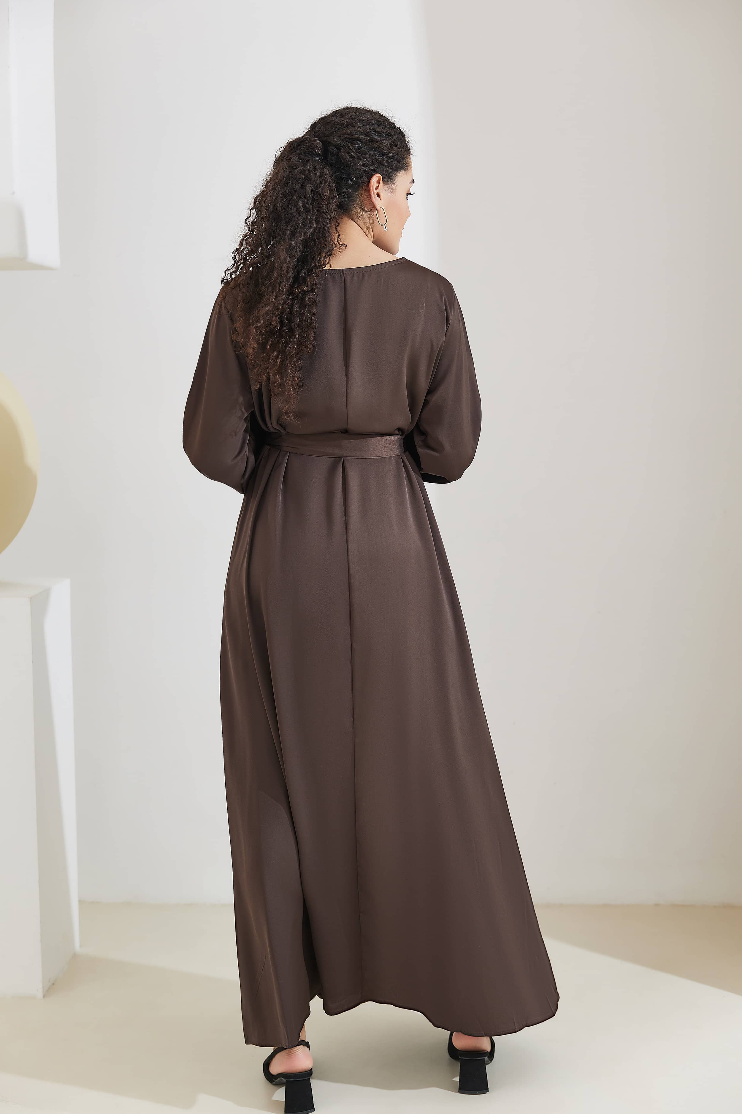 FATIMA Satin Modest Puff Sleeve Maxi Dress Abaya  - SaddleBrown - Meliza