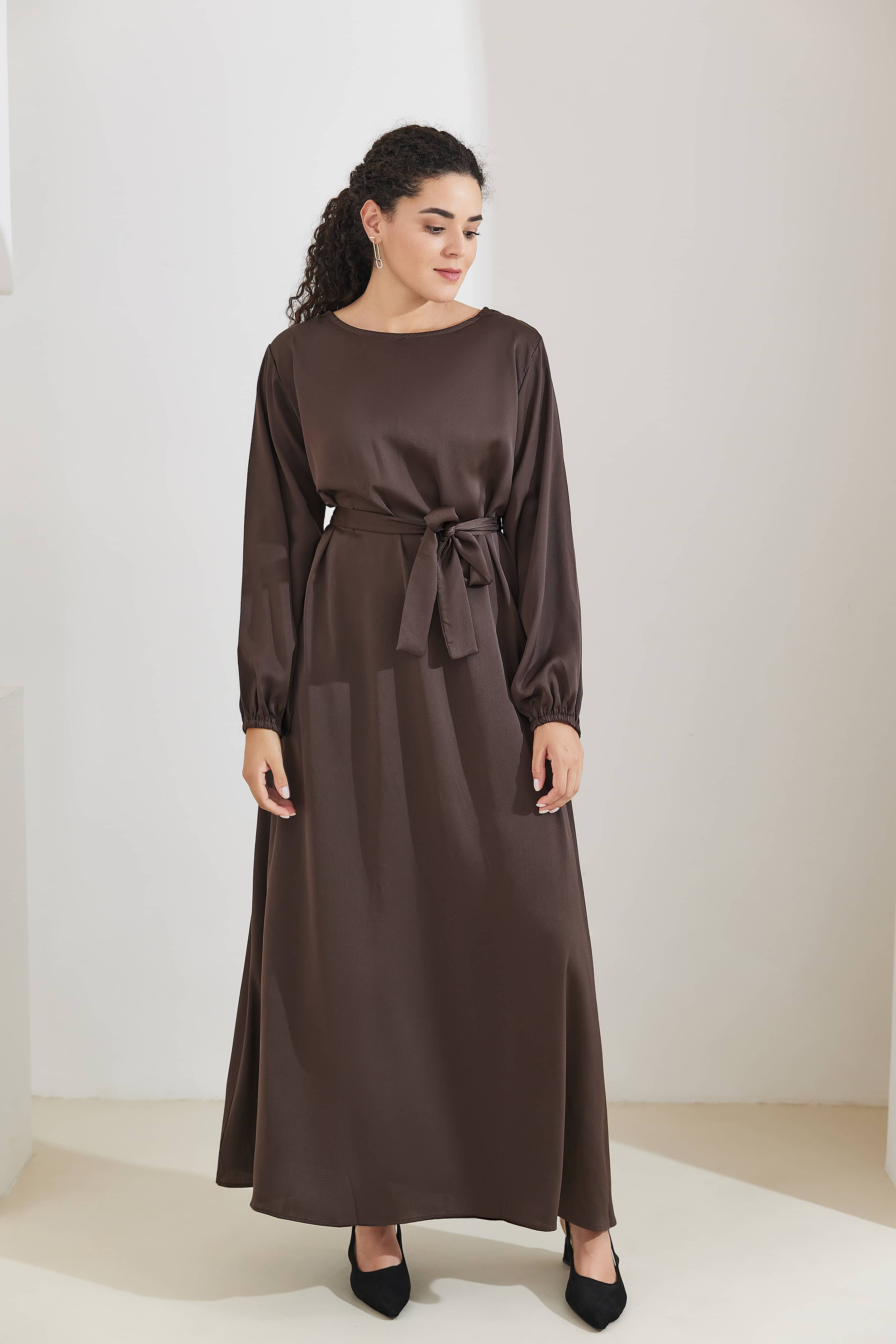 FATIMA Satin Modest Puff Sleeve Maxi Dress Abaya  - SaddleBrown - Meliza