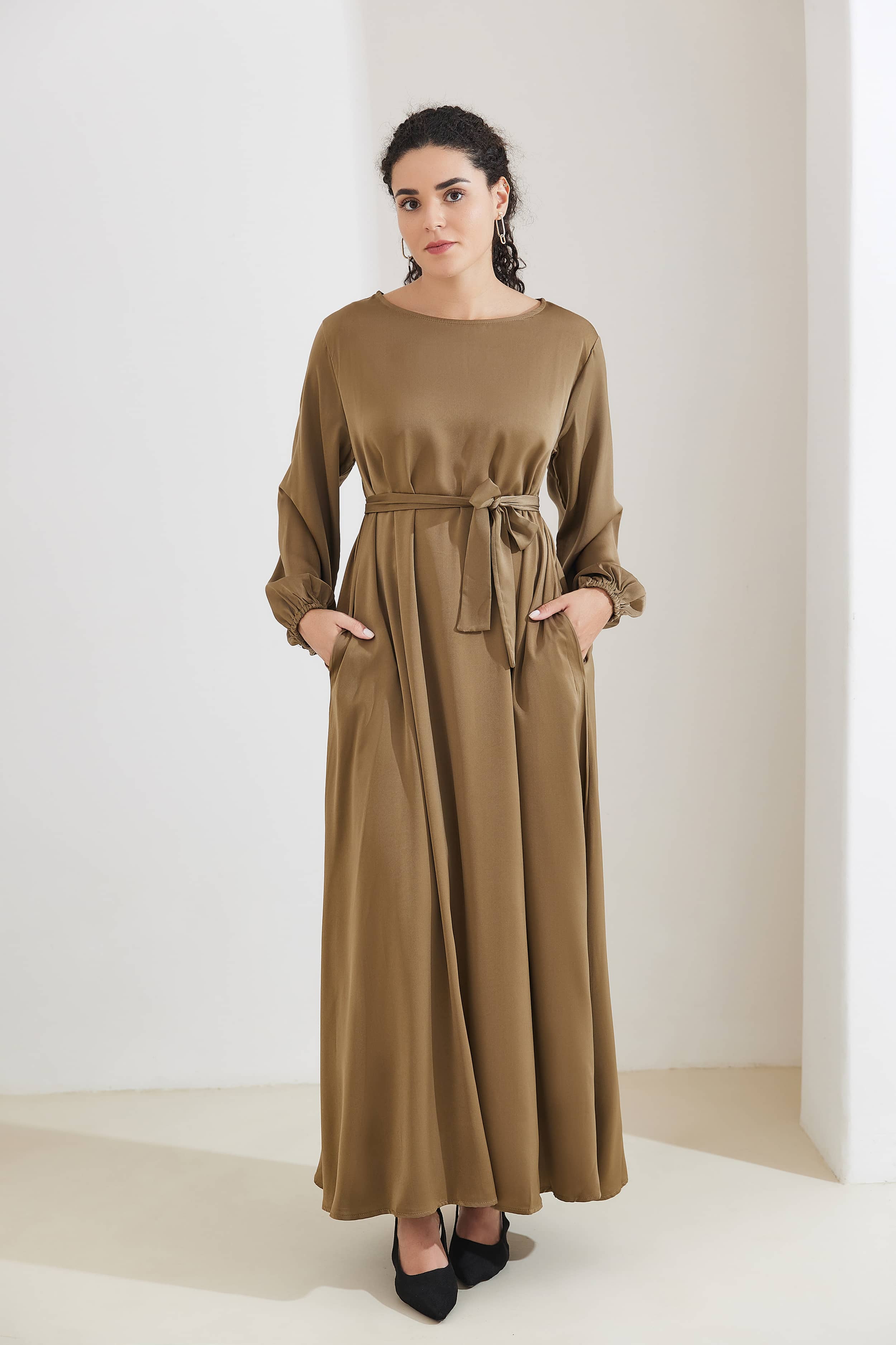 FATIMA Satin Modest Puff Sleeve Maxi Dress Abaya with Belt - Tan - Meliza