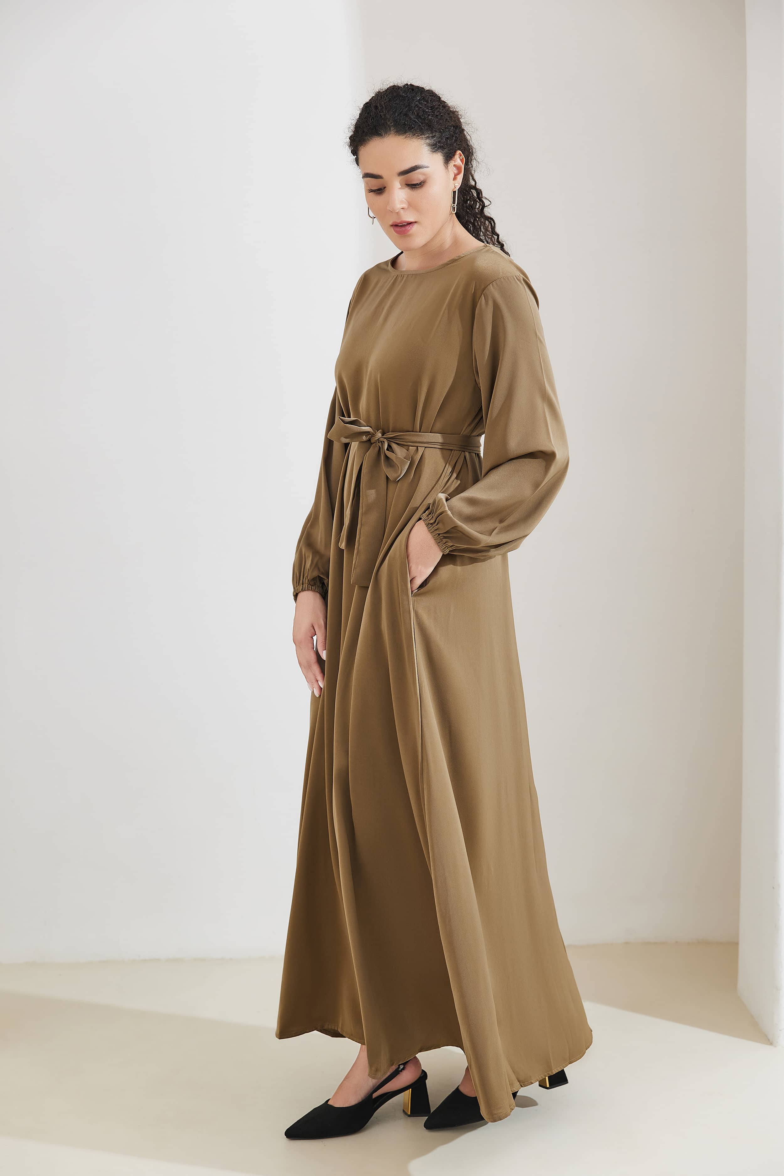 FATIMA Satin Modest Puff Sleeve Maxi Dress Abaya with Belt - Tan - Meliza