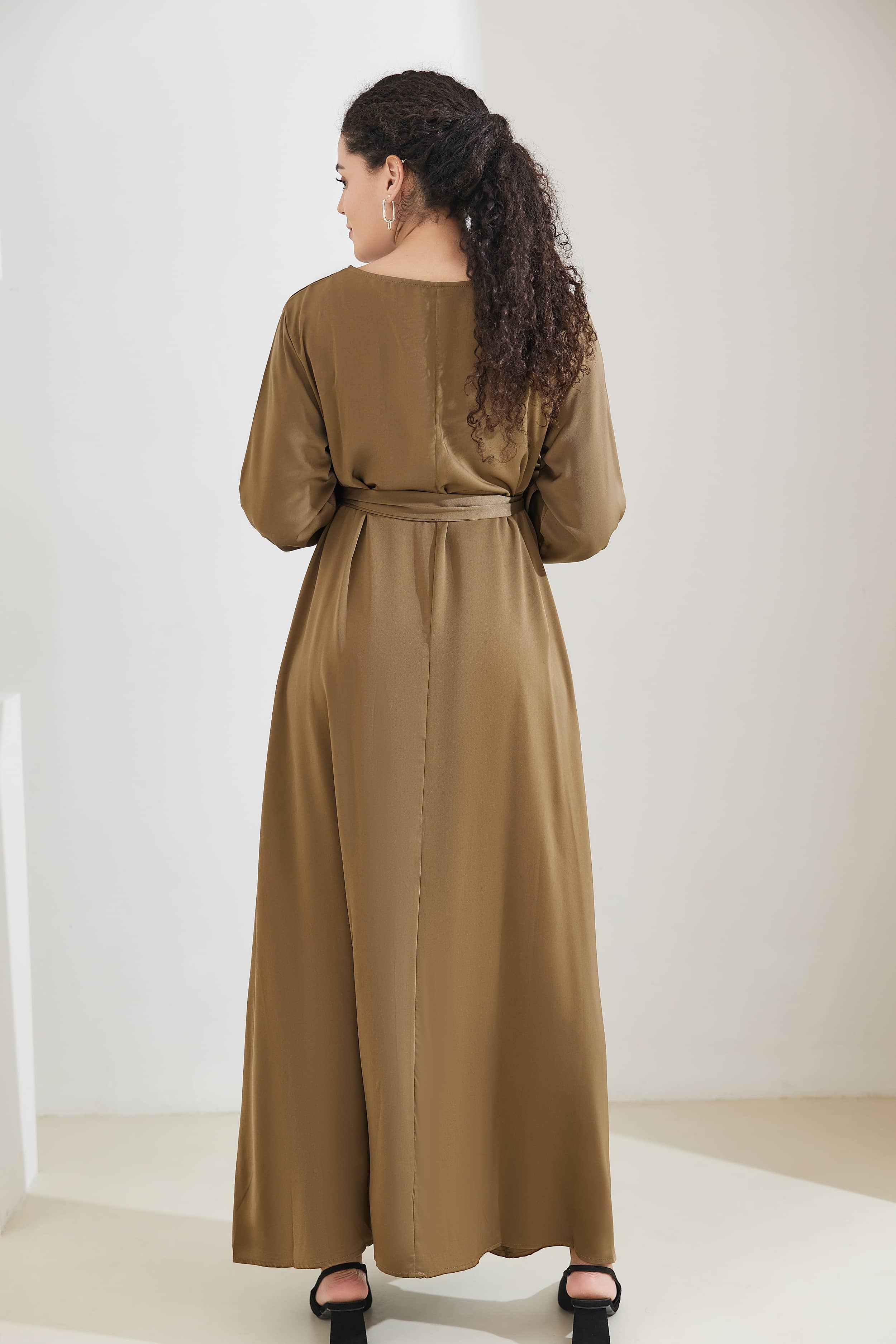 FATIMA Satin Modest Puff Sleeve Maxi Dress Abaya with Belt - Tan - Meliza