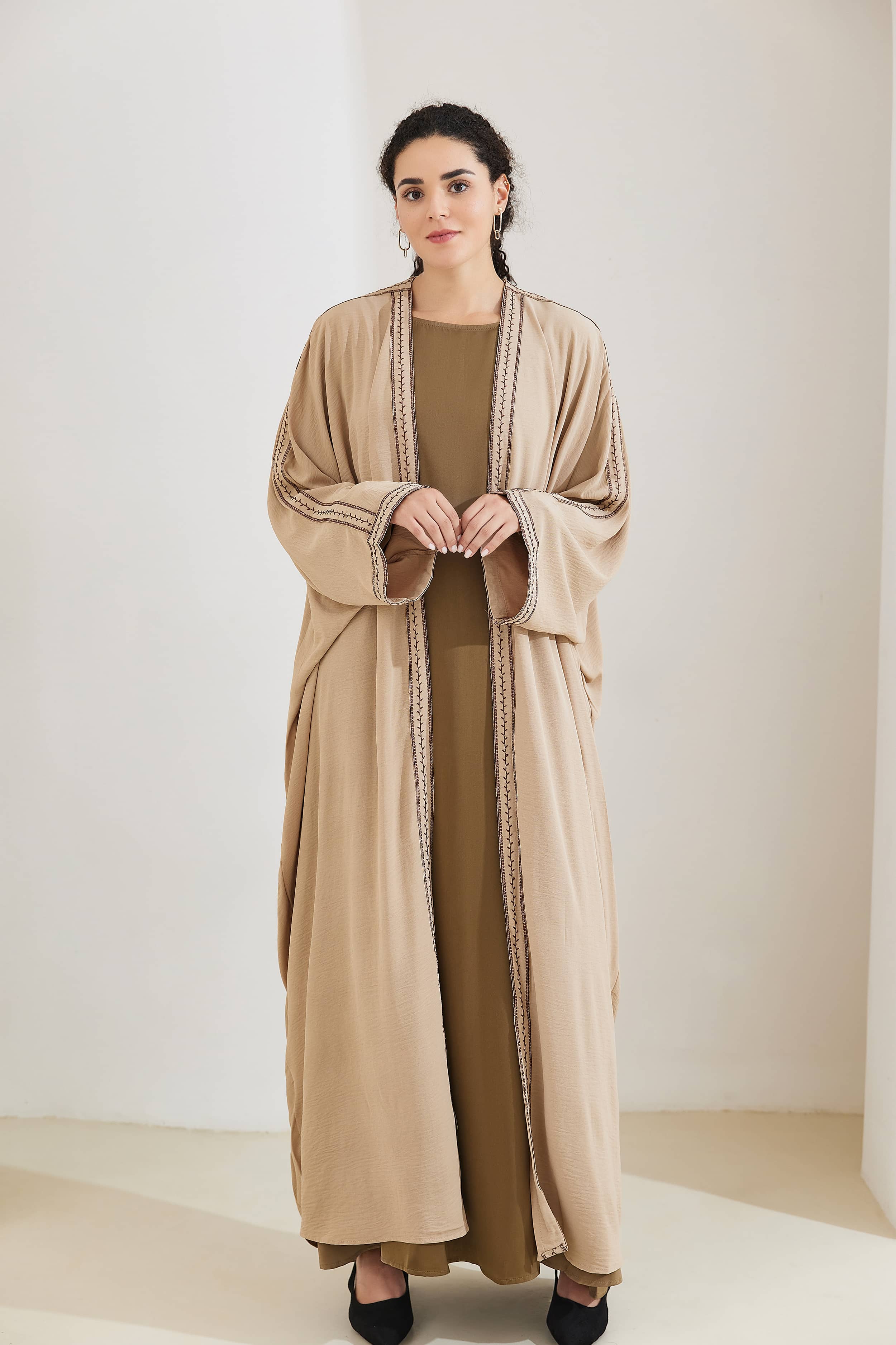 Rahma Cotton Bat Sleeve Modest Open Abaya - NavajoWhite - Meliza