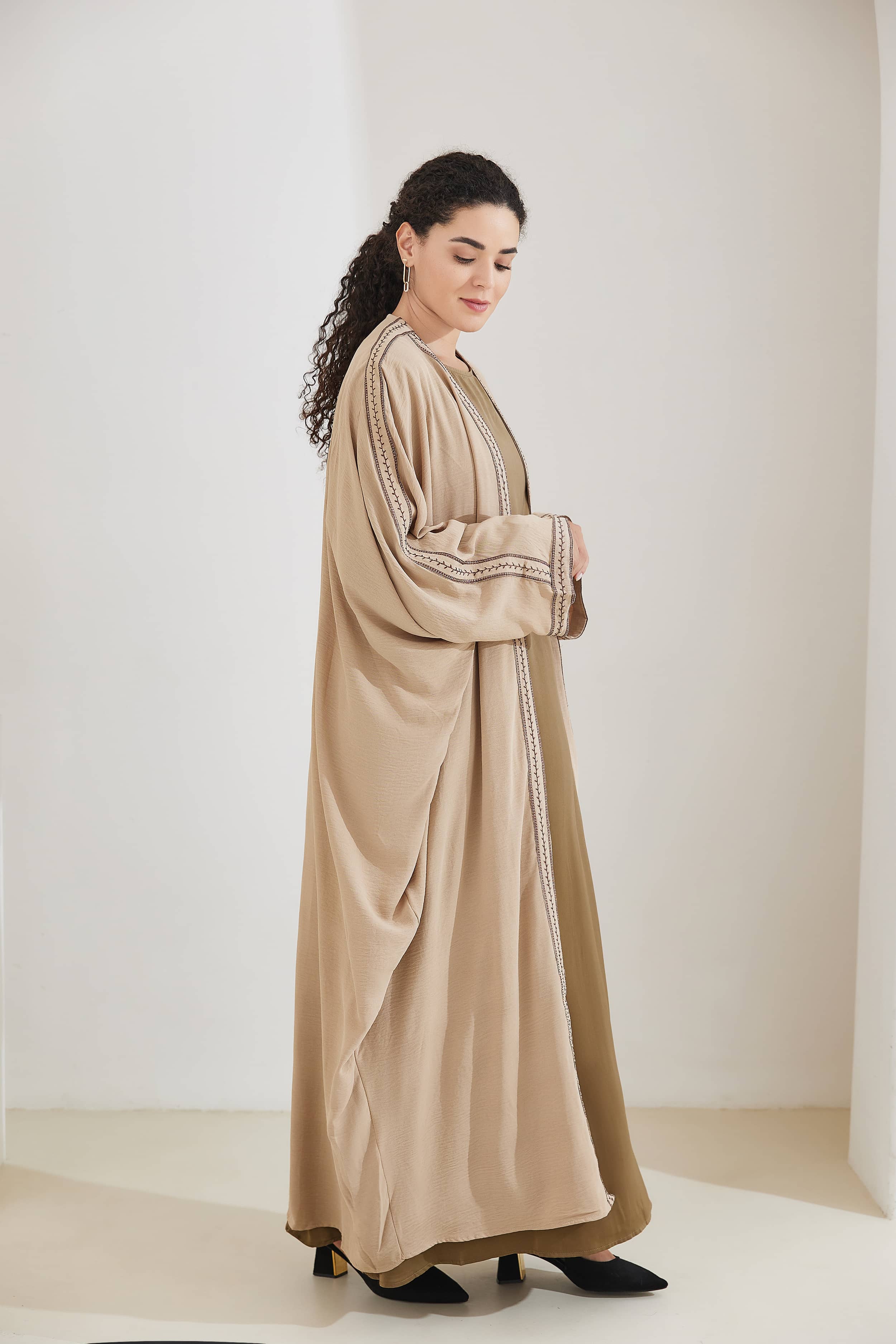 Rahma Cotton Bat Sleeve Modest Open Abaya - NavajoWhite - Meliza