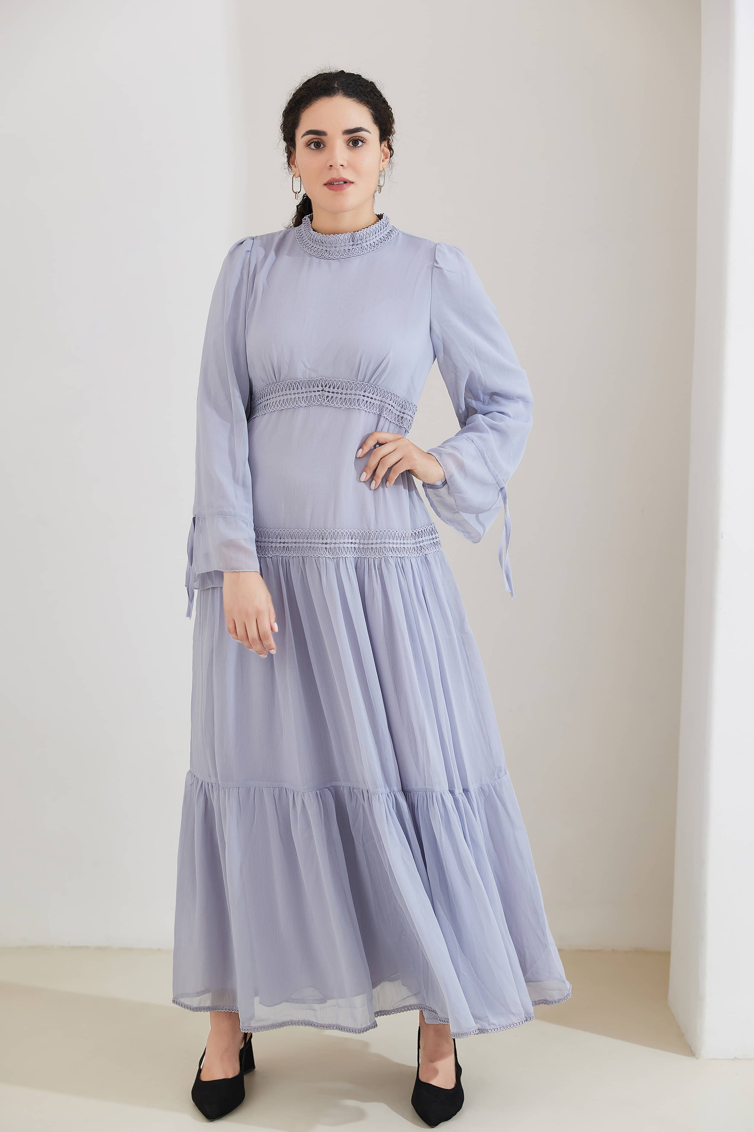 HANI Chiffon Modest Tiered Maxi Dress Abaya - LightSteelBlue - Meliza