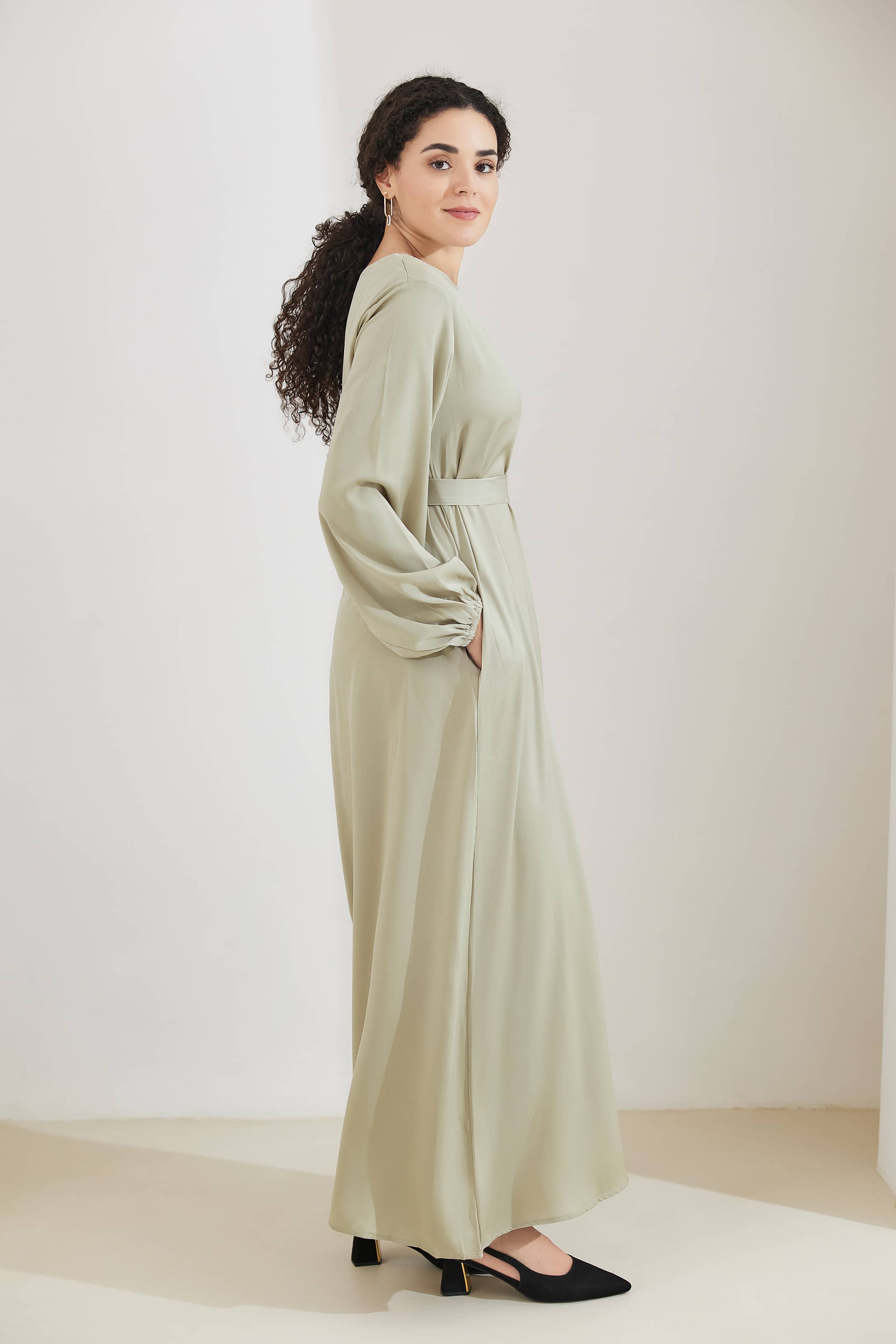 FATIMA Satin Modest Puff Sleeve Maxi Dress Abaya - DarkSeaGreen - Meliza