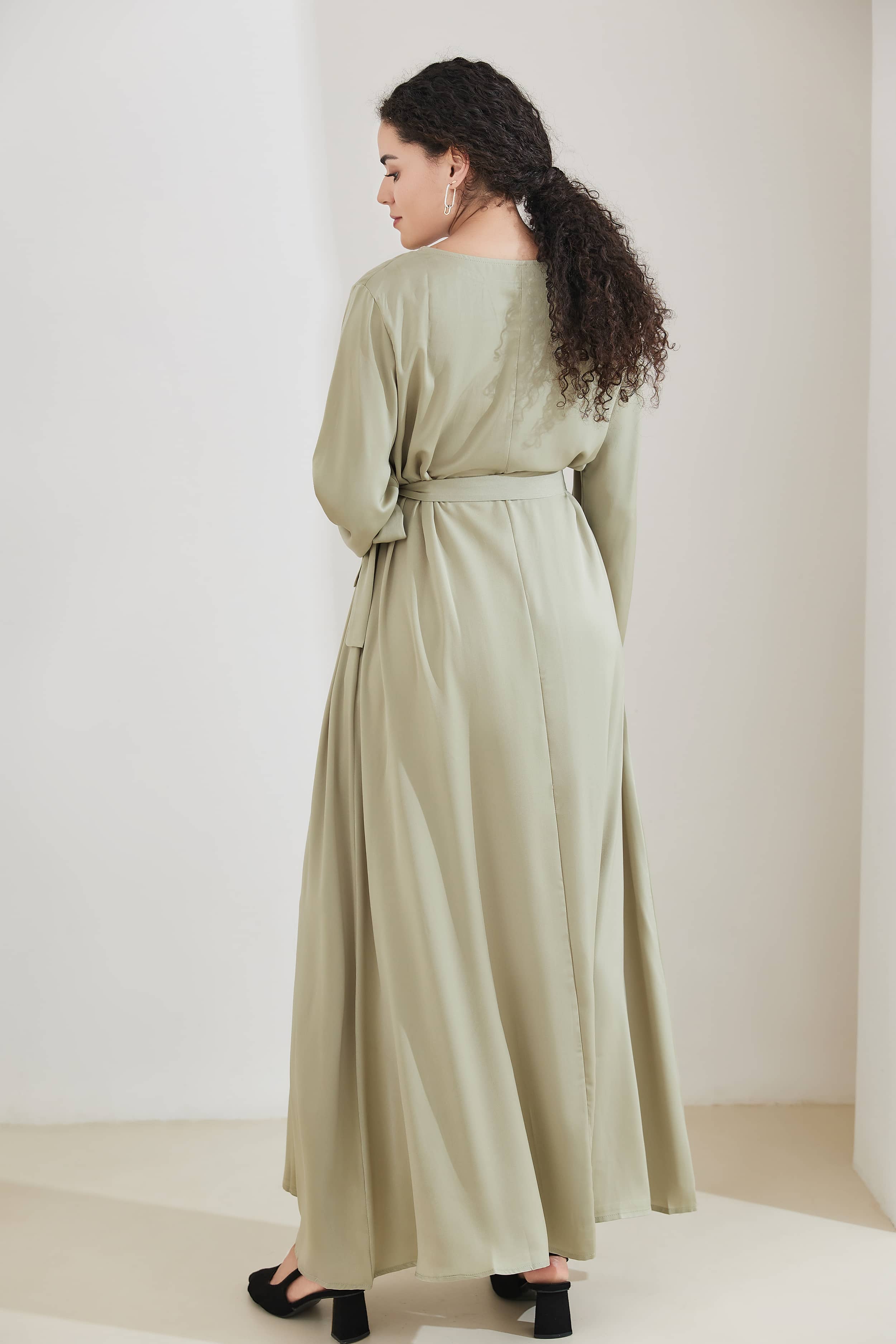 FATIMA Satin Modest Puff Sleeve Maxi Dress Abaya - DarkSeaGreen - Meliza