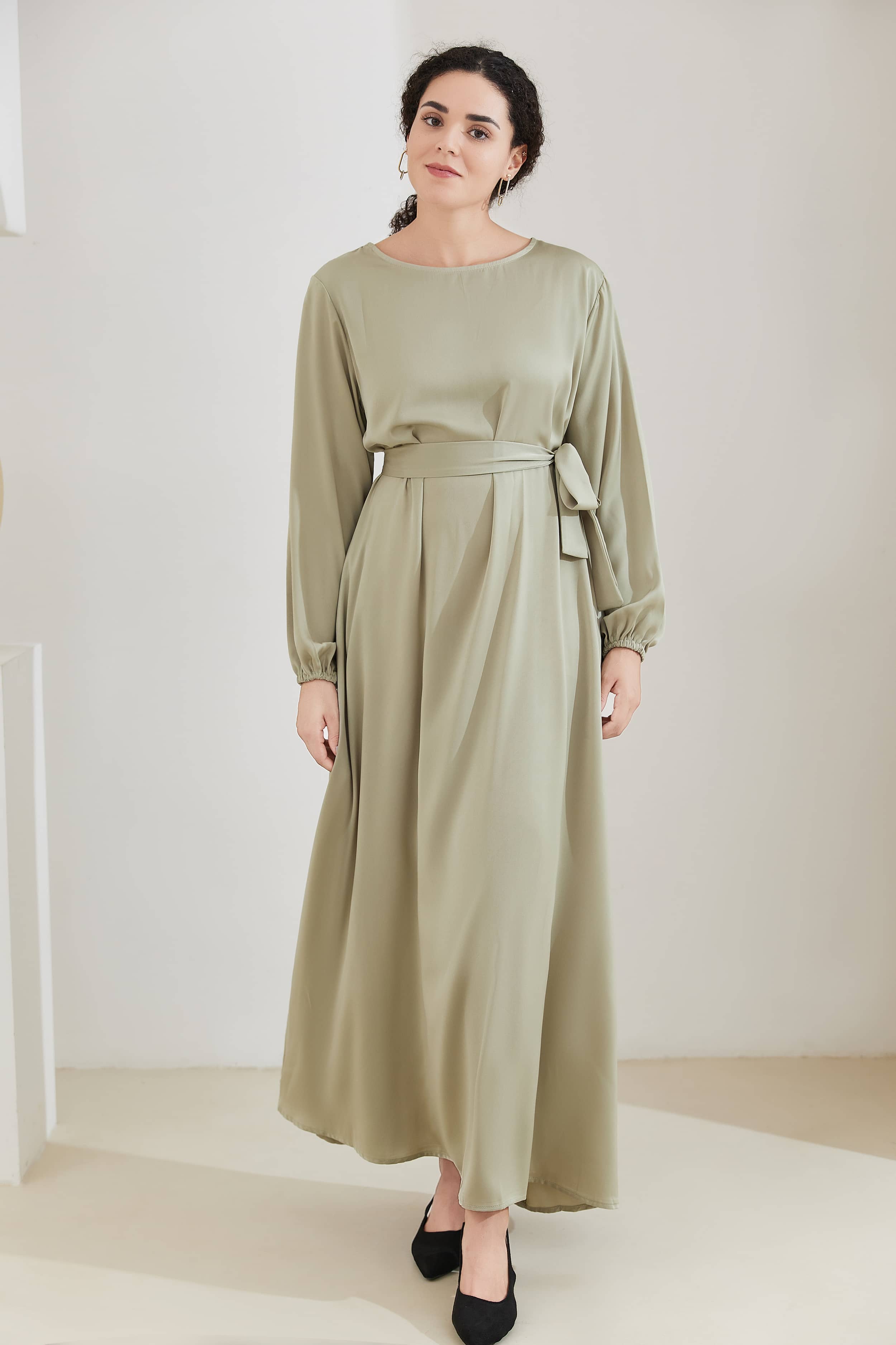 FATIMA Satin Modest Puff Sleeve Maxi Dress Abaya - DarkSeaGreen - Meliza