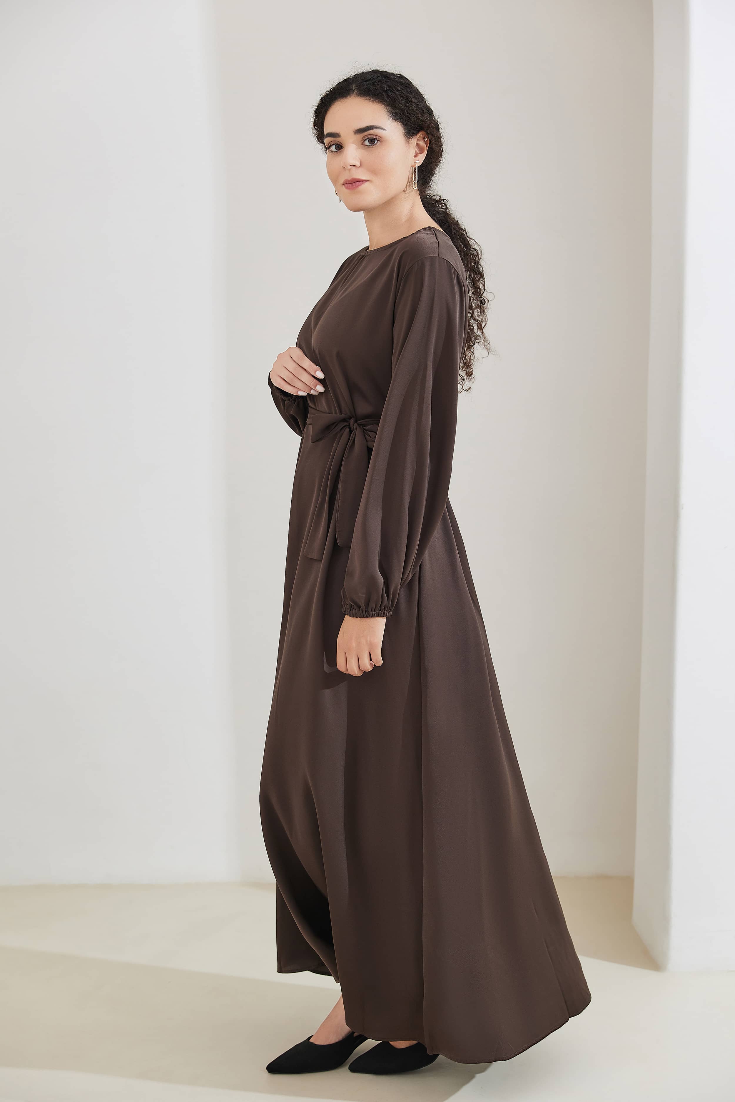 FATIMA Satin Modest Puff Sleeve Maxi Dress Abaya  - SaddleBrown - Meliza