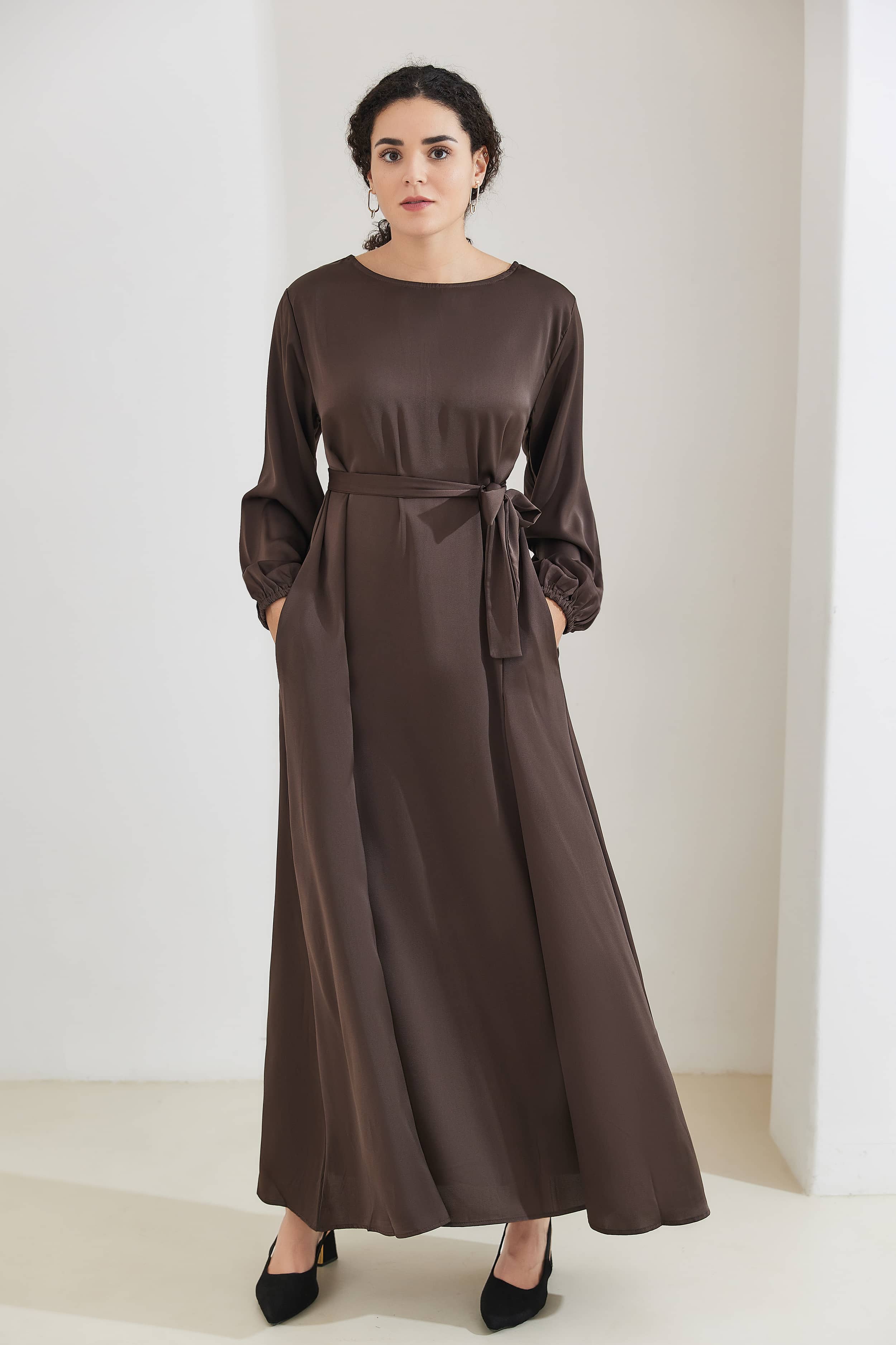 FATIMA Satin Modest Puff Sleeve Maxi Dress Abaya  - SaddleBrown - Meliza