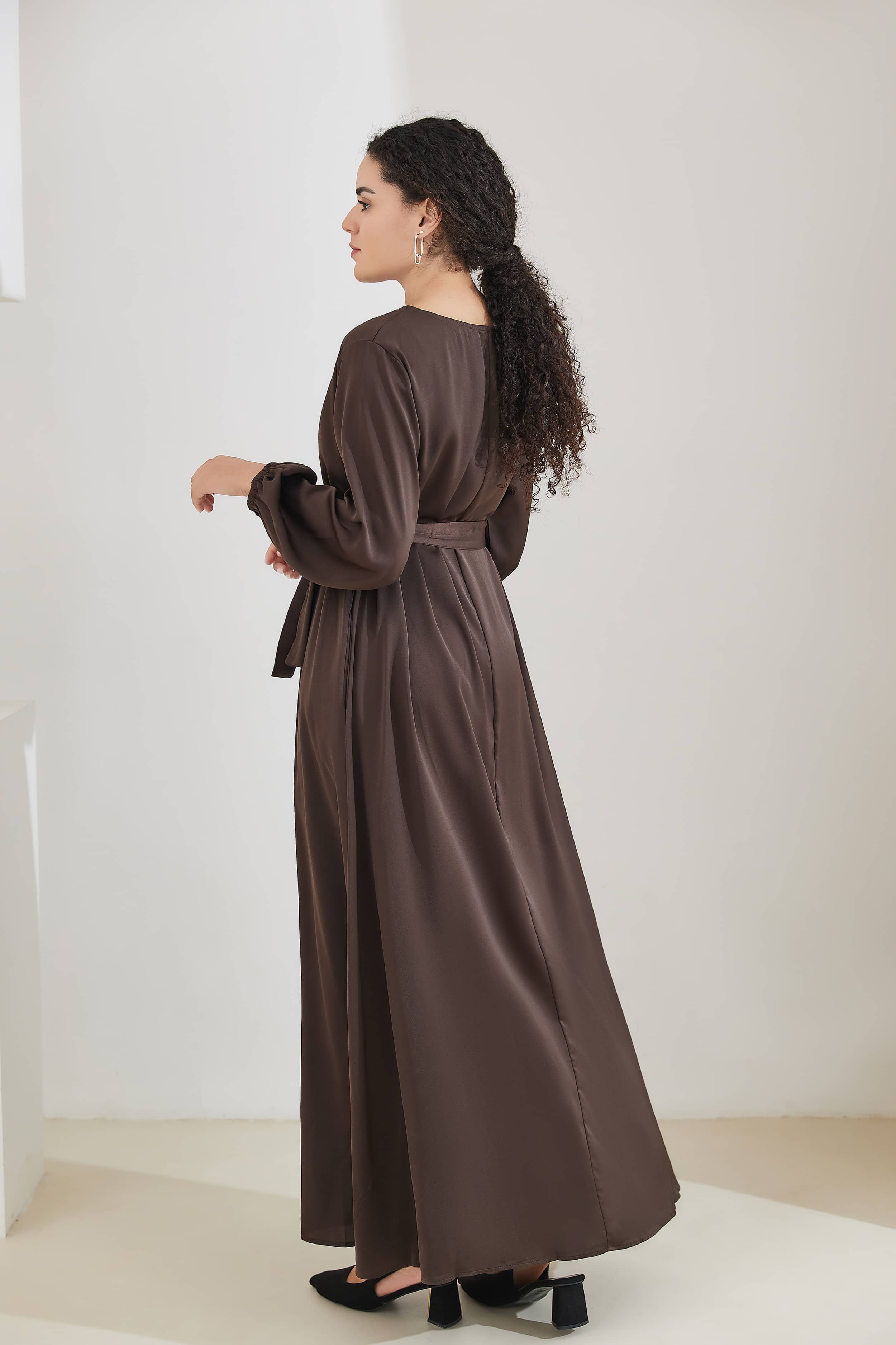 FATIMA Satin Modest Puff Sleeve Maxi Dress Abaya  - SaddleBrown - Meliza