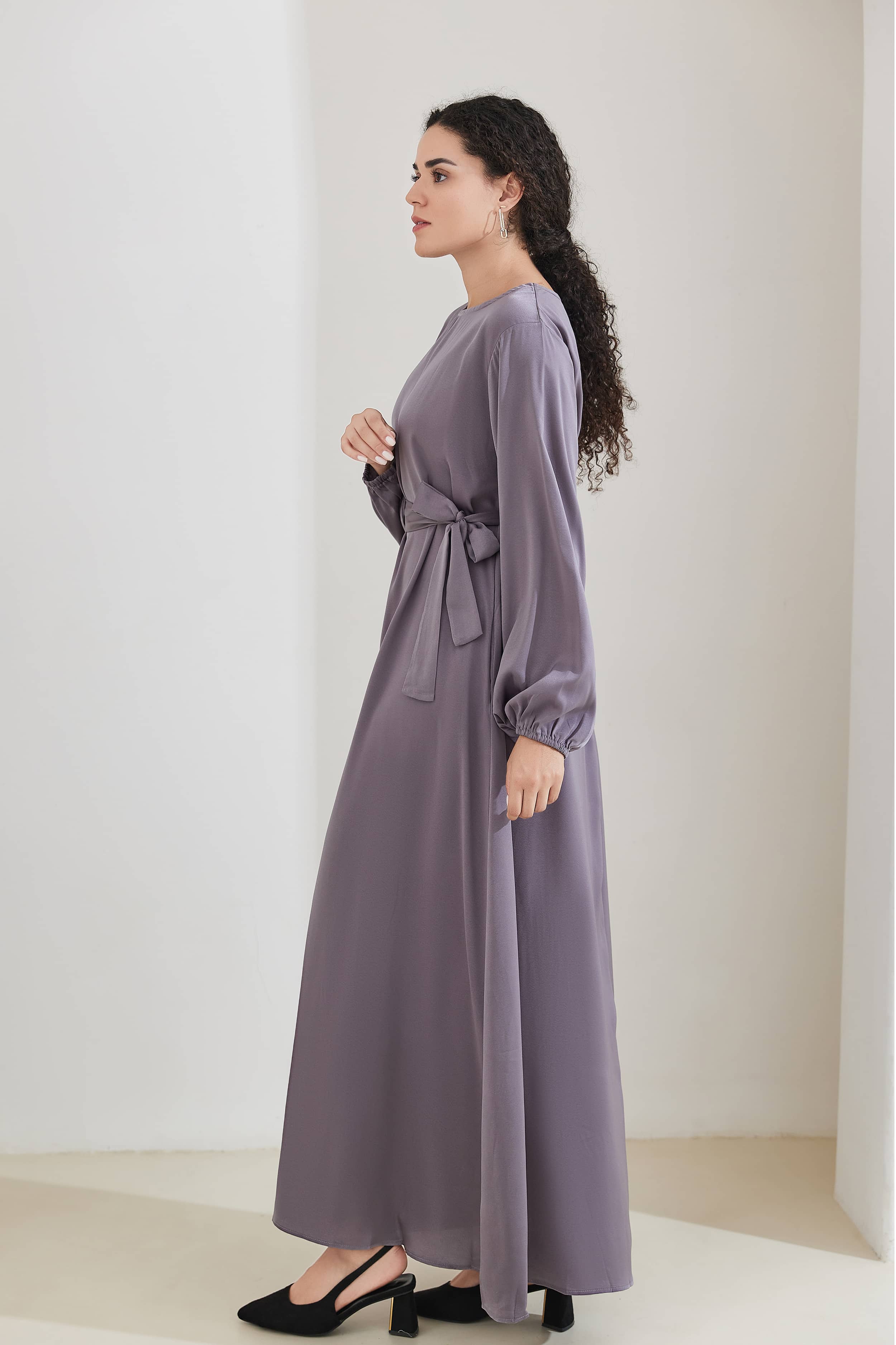 FATIMA Satin Modest Puff Sleeve Maxi Dress Abaya - LightSteelBlue - Meliza