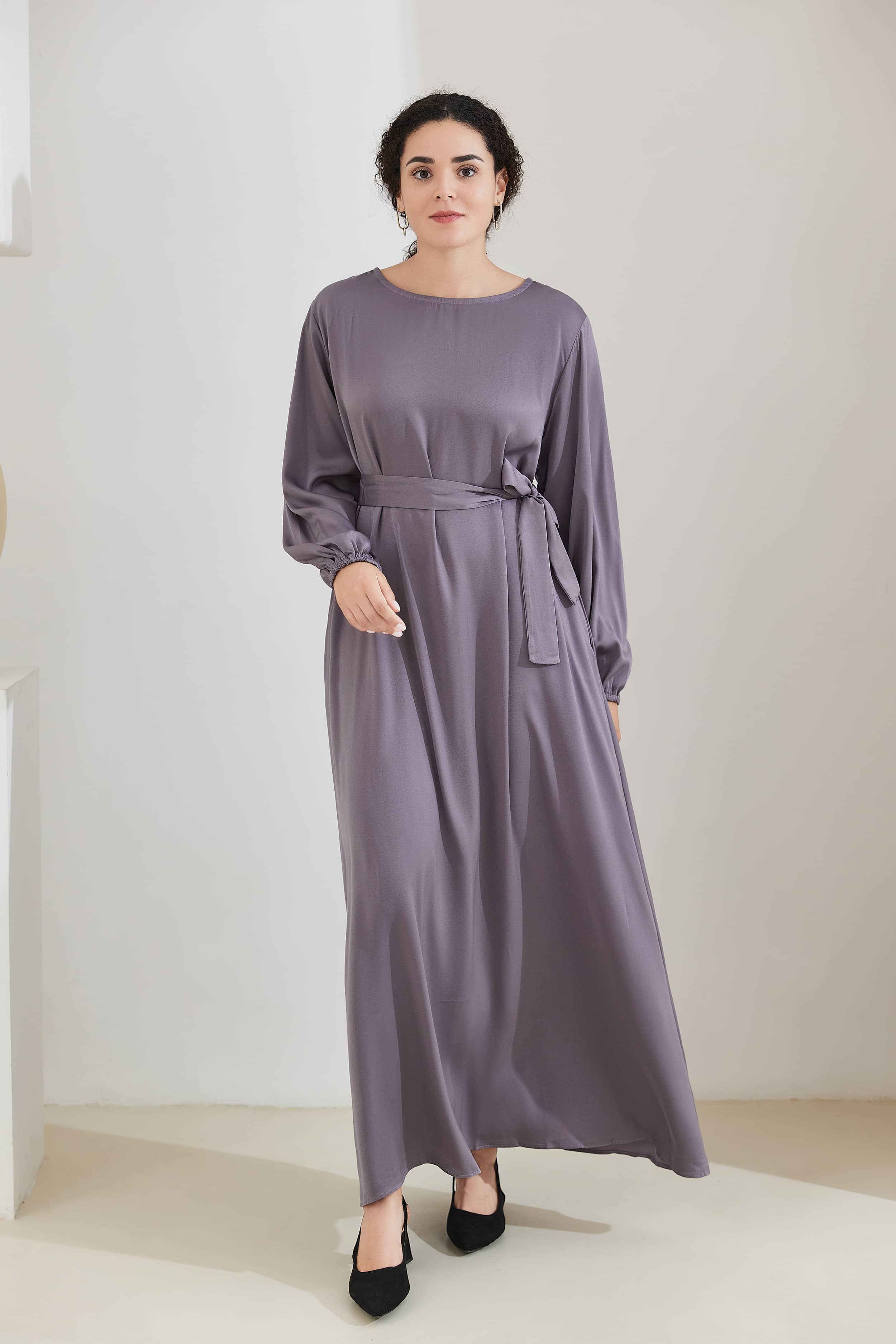 FATIMA Satin Modest Puff Sleeve Maxi Dress Abaya - LightSteelBlue - Meliza