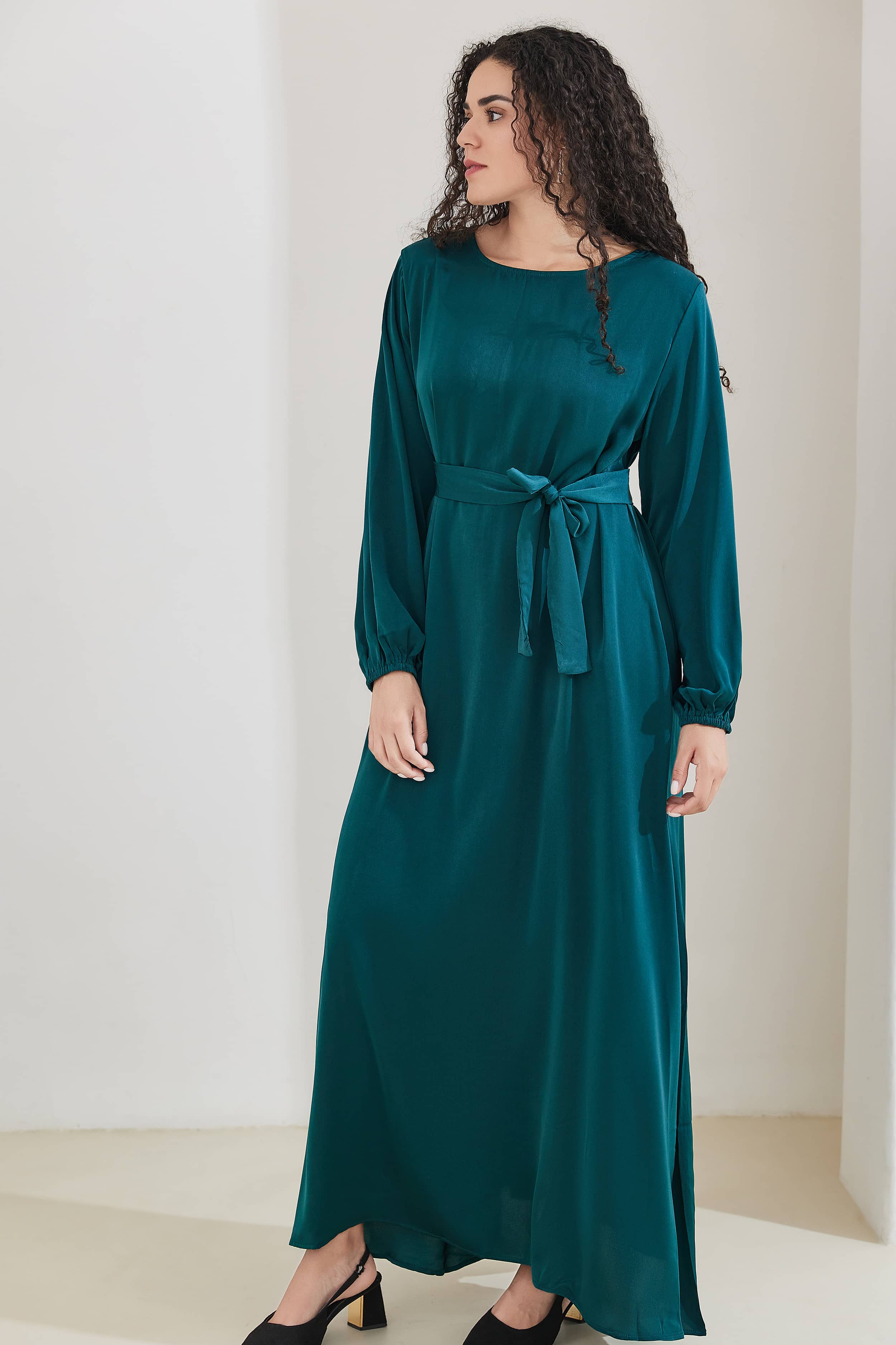 FATIMA Satin Modest Puff Sleeve Maxi Dress Abaya with Belt 512 - Dark Green - Meliza