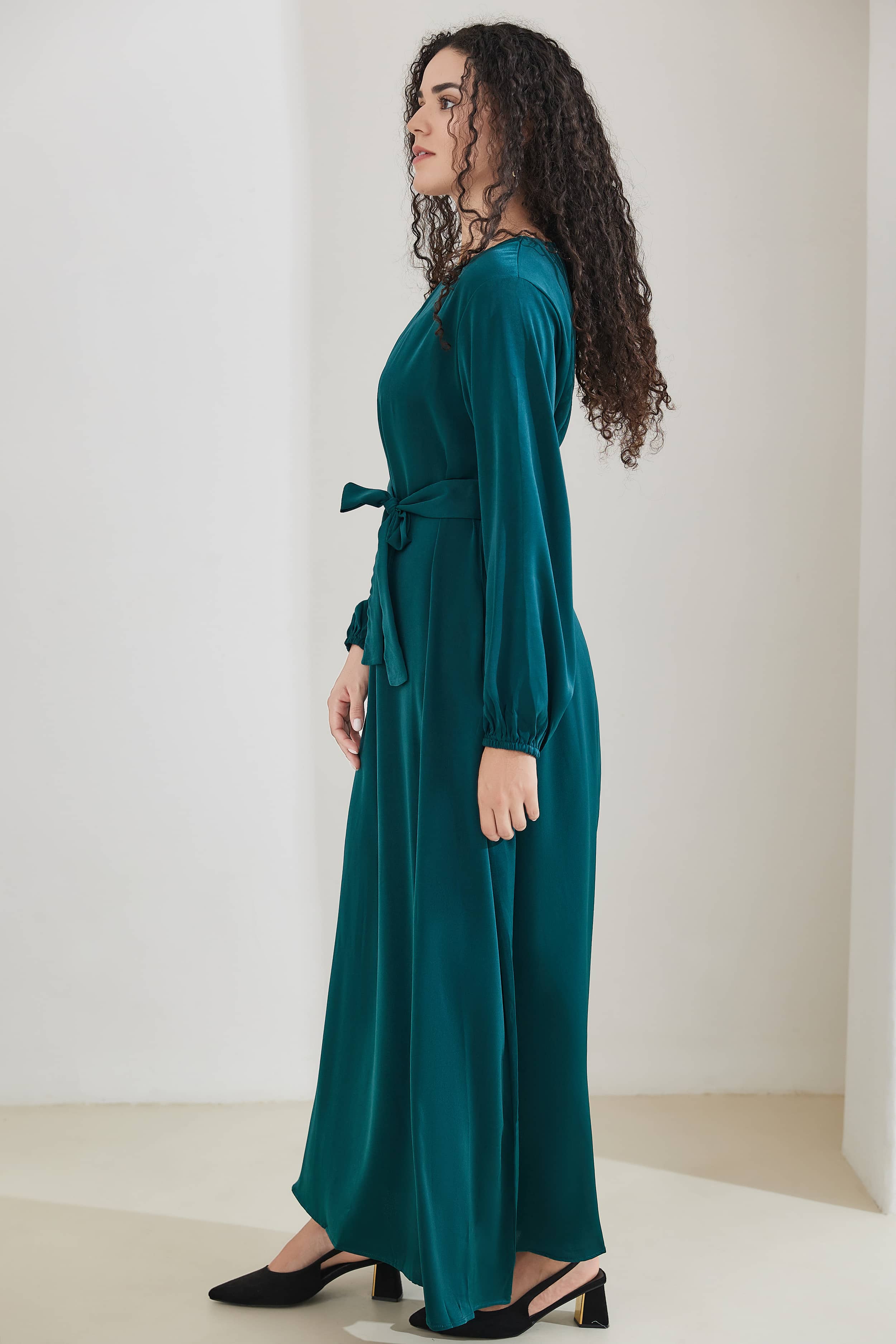 FATIMA Satin Modest Puff Sleeve Maxi Dress Abaya with Belt 512 - Dark Green - Meliza