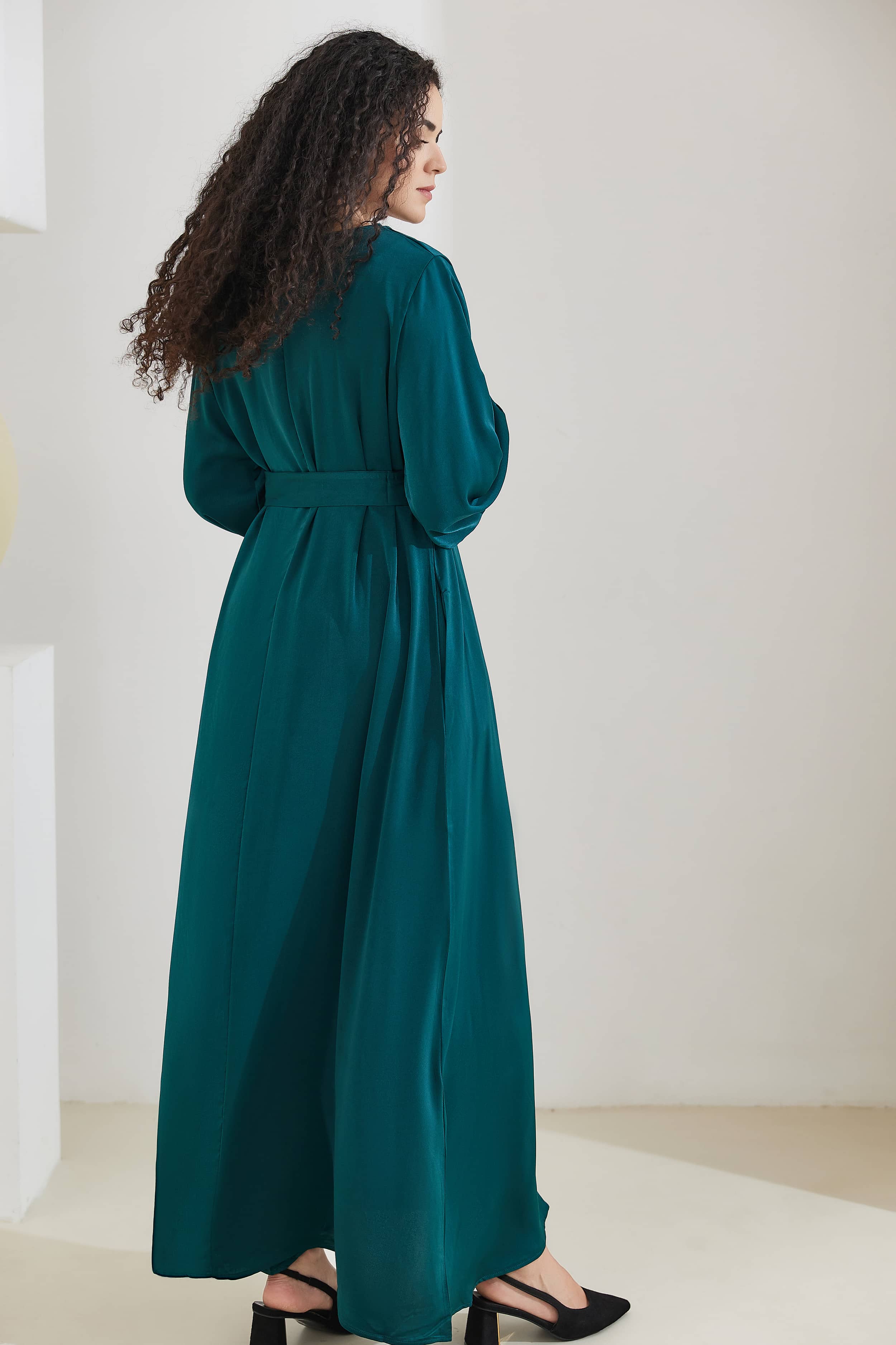 FATIMA Satin Modest Puff Sleeve Maxi Dress Abaya with Belt 512 - Dark Green - Meliza