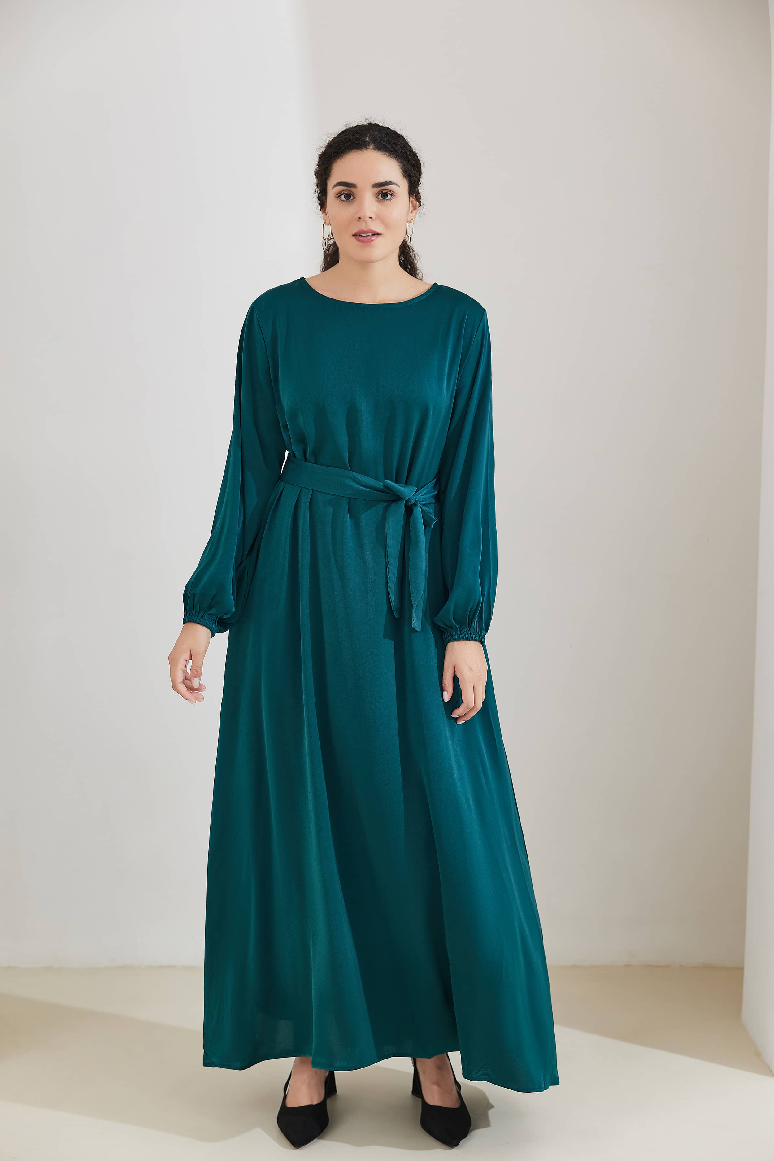 FATIMA Satin Modest Puff Sleeve Maxi Dress Abaya with Belt 512 - Dark Green - Meliza