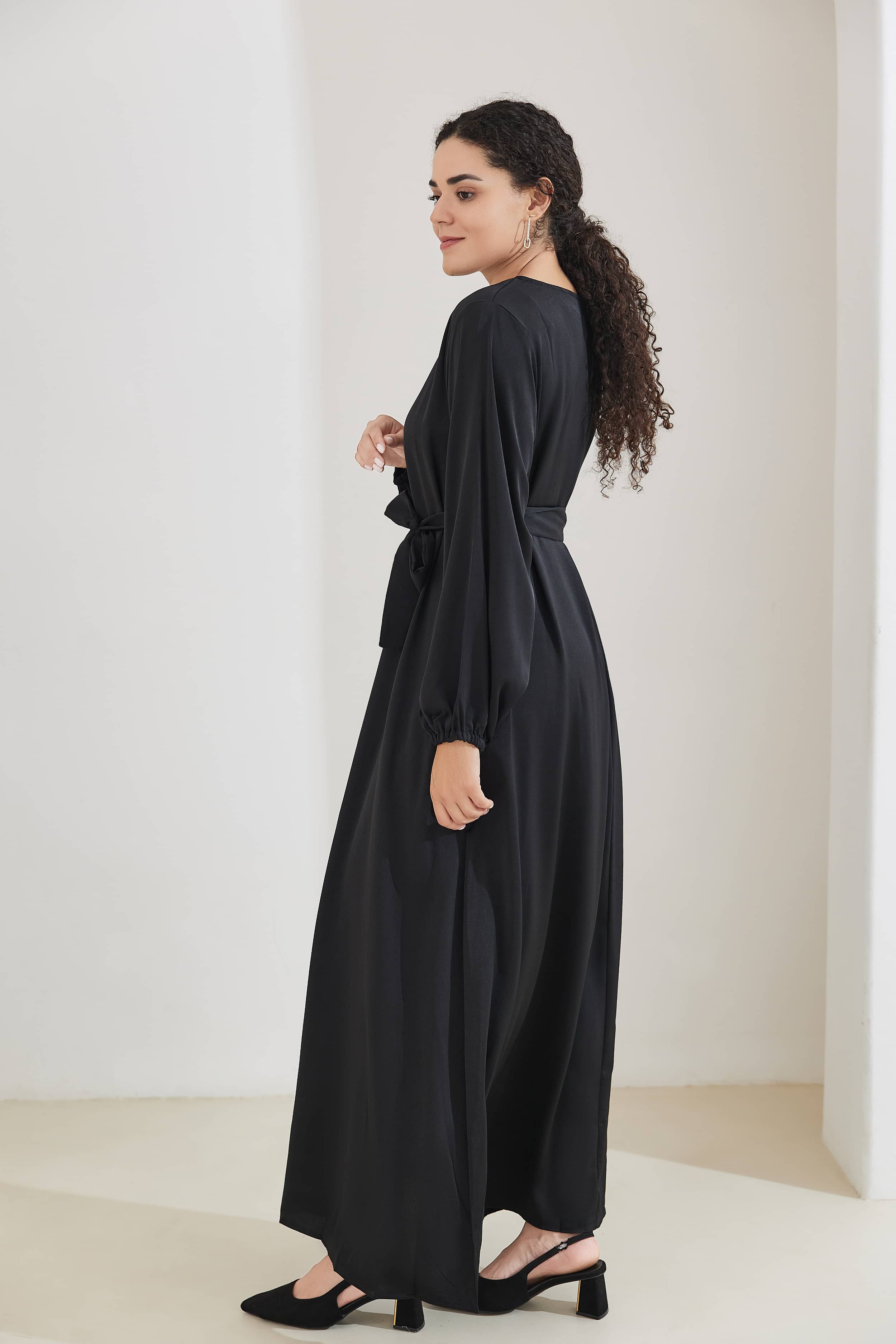 FATIMA Satin Modest Puff Sleeve Maxi Dress Abaya 512 - Black - Meliza