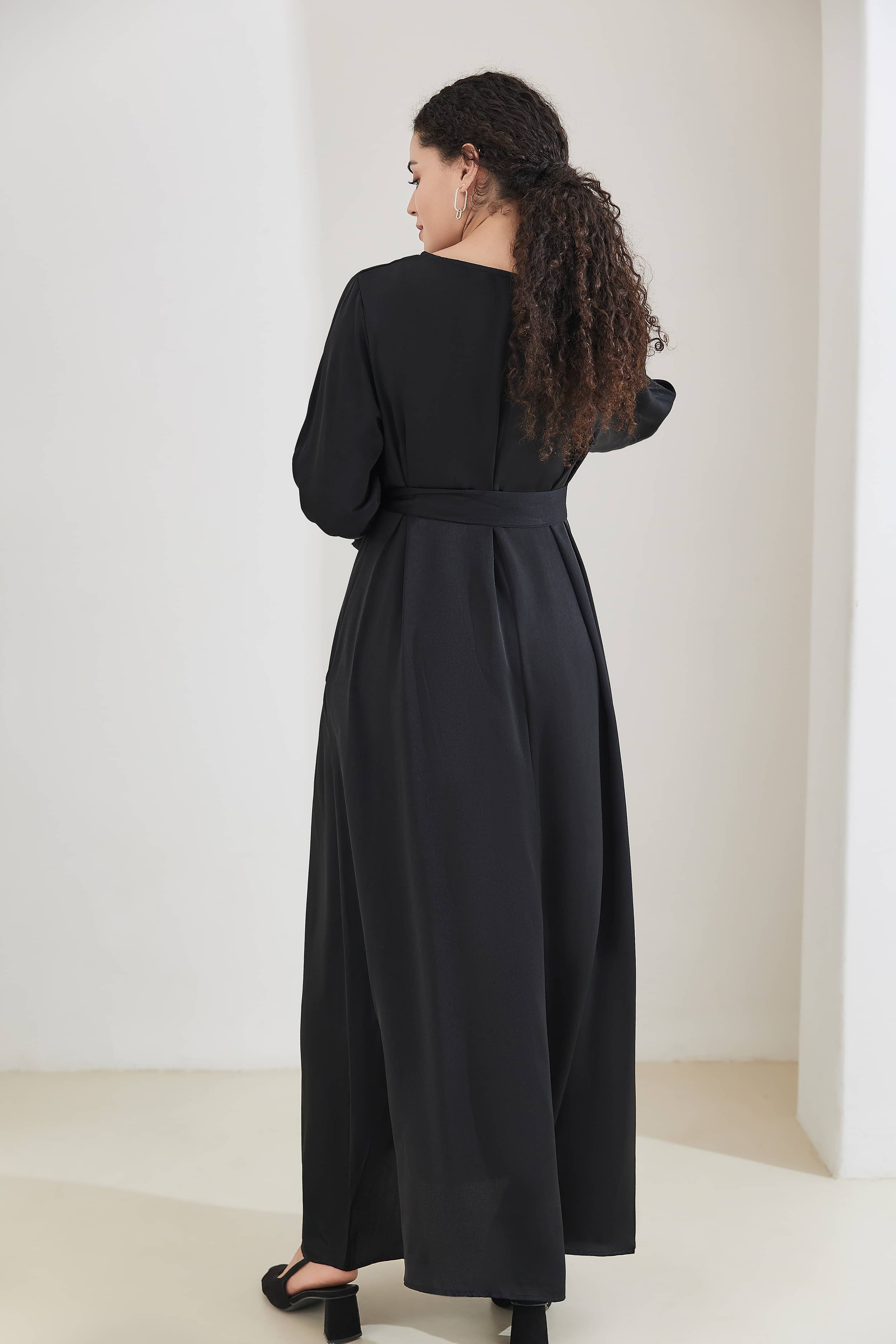 FATIMA Satin Modest Puff Sleeve Maxi Dress Abaya 512 - Black - Meliza