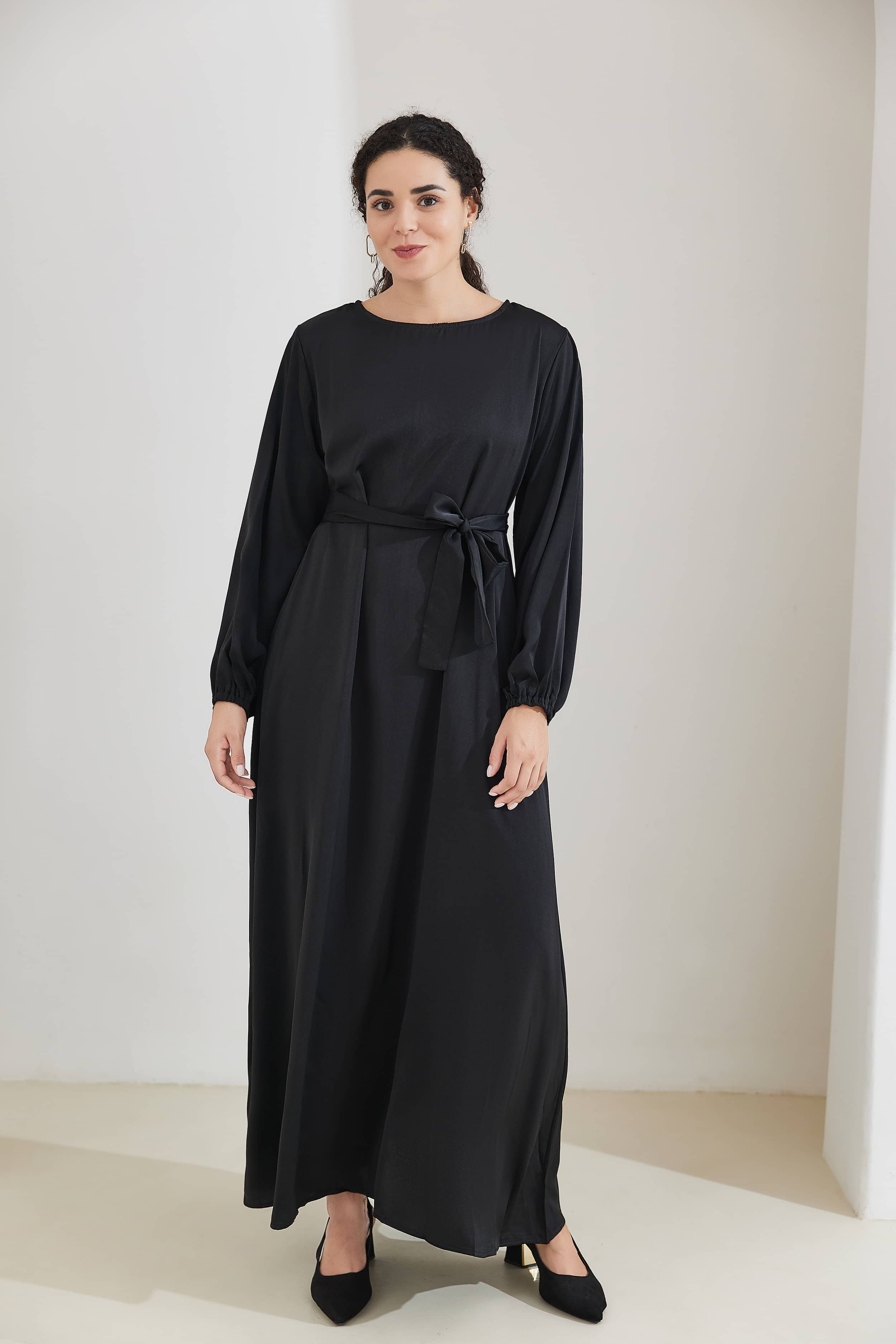 FATIMA Satin Modest Puff Sleeve Maxi Dress Abaya 512 - Black