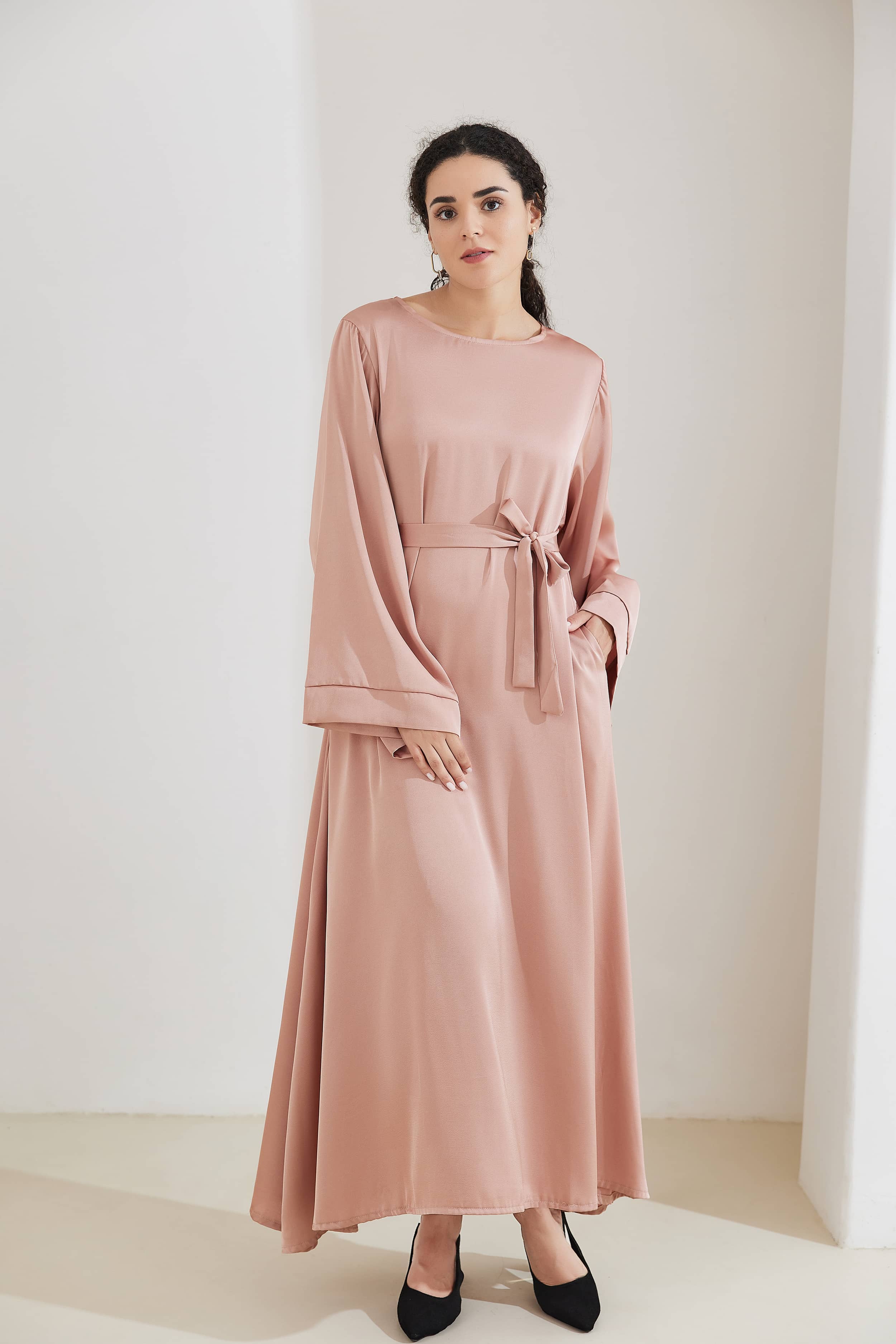 ALEENA Satin Polyester Modest Maxi Dress Abaya 503 - LightPink - Meliza