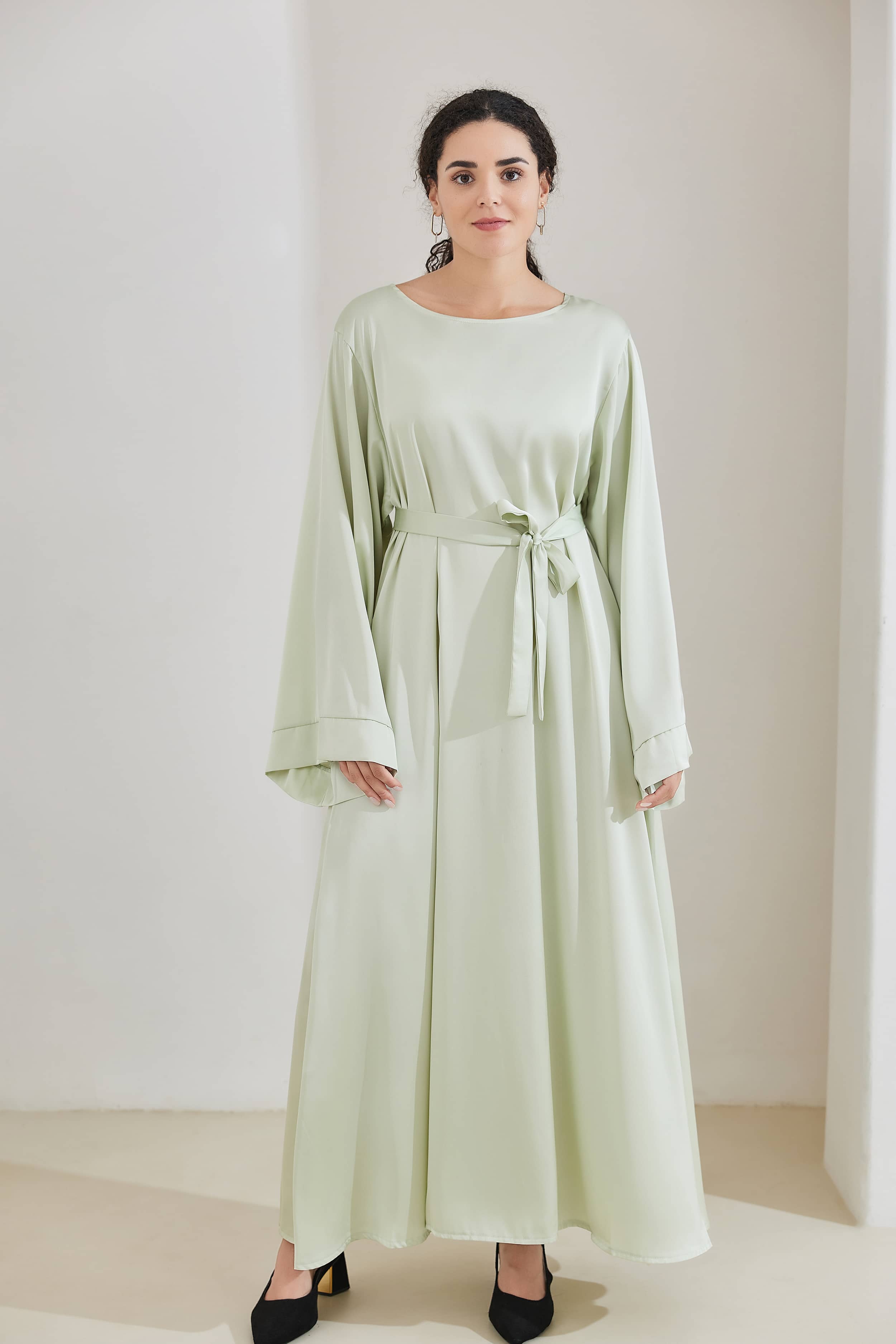 ALEENA Satin Polyester Modest Maxi Dress Abaya 503 - HoneyDew - Meliza