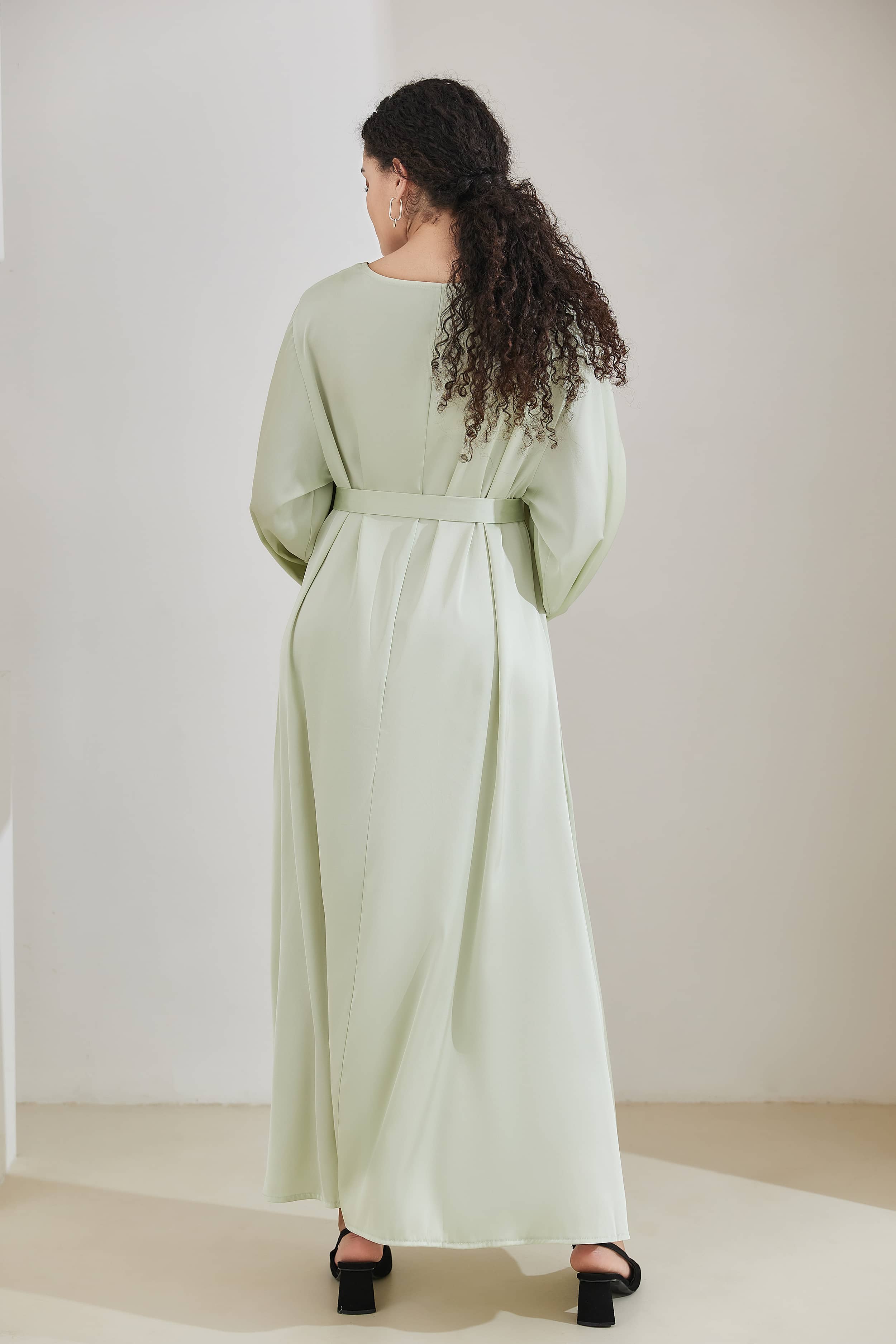 ALEENA Satin Polyester Modest Maxi Dress Abaya 503 - HoneyDew - Meliza