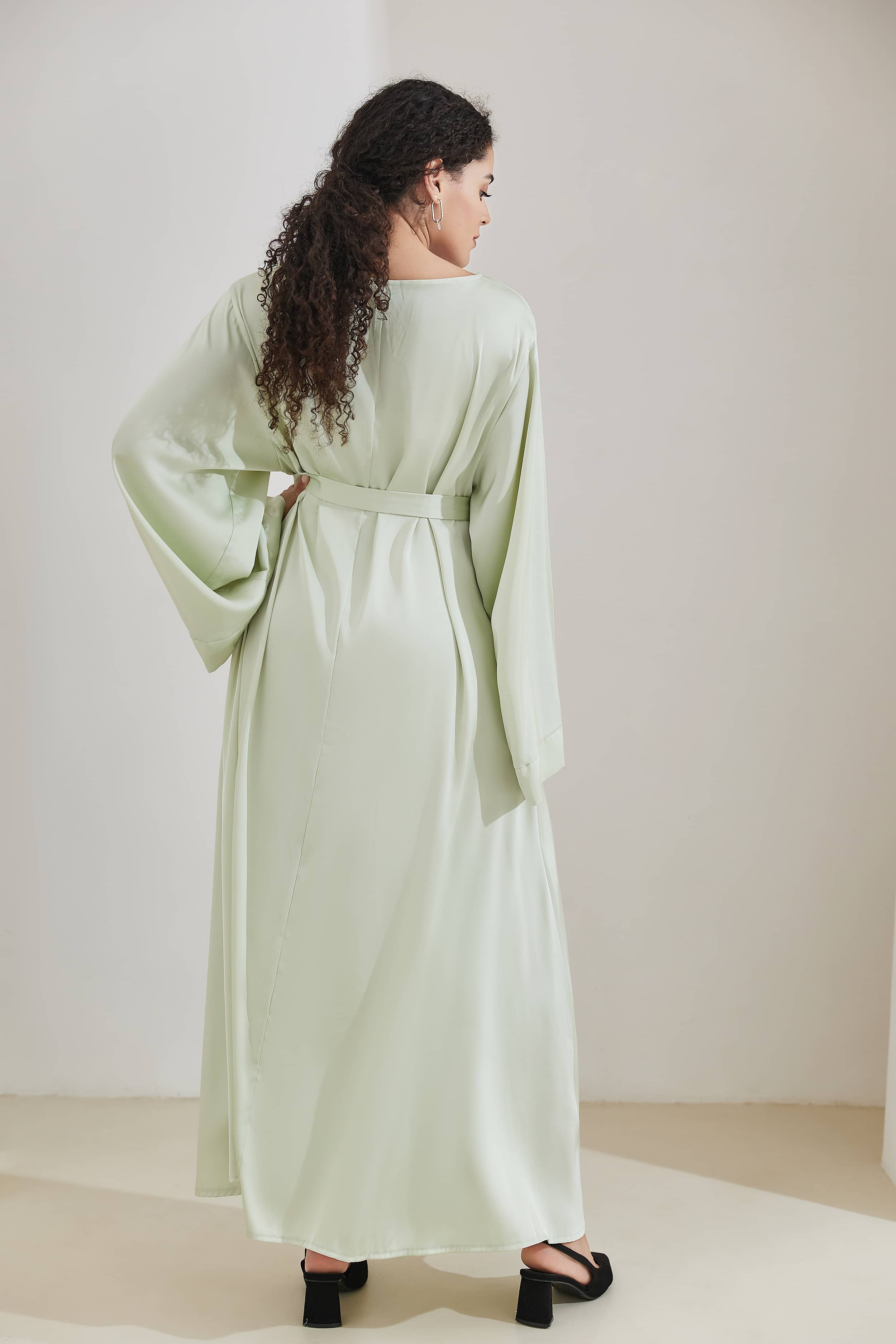 ALEENA Satin Polyester Modest Maxi Dress Abaya 503 - HoneyDew - Meliza