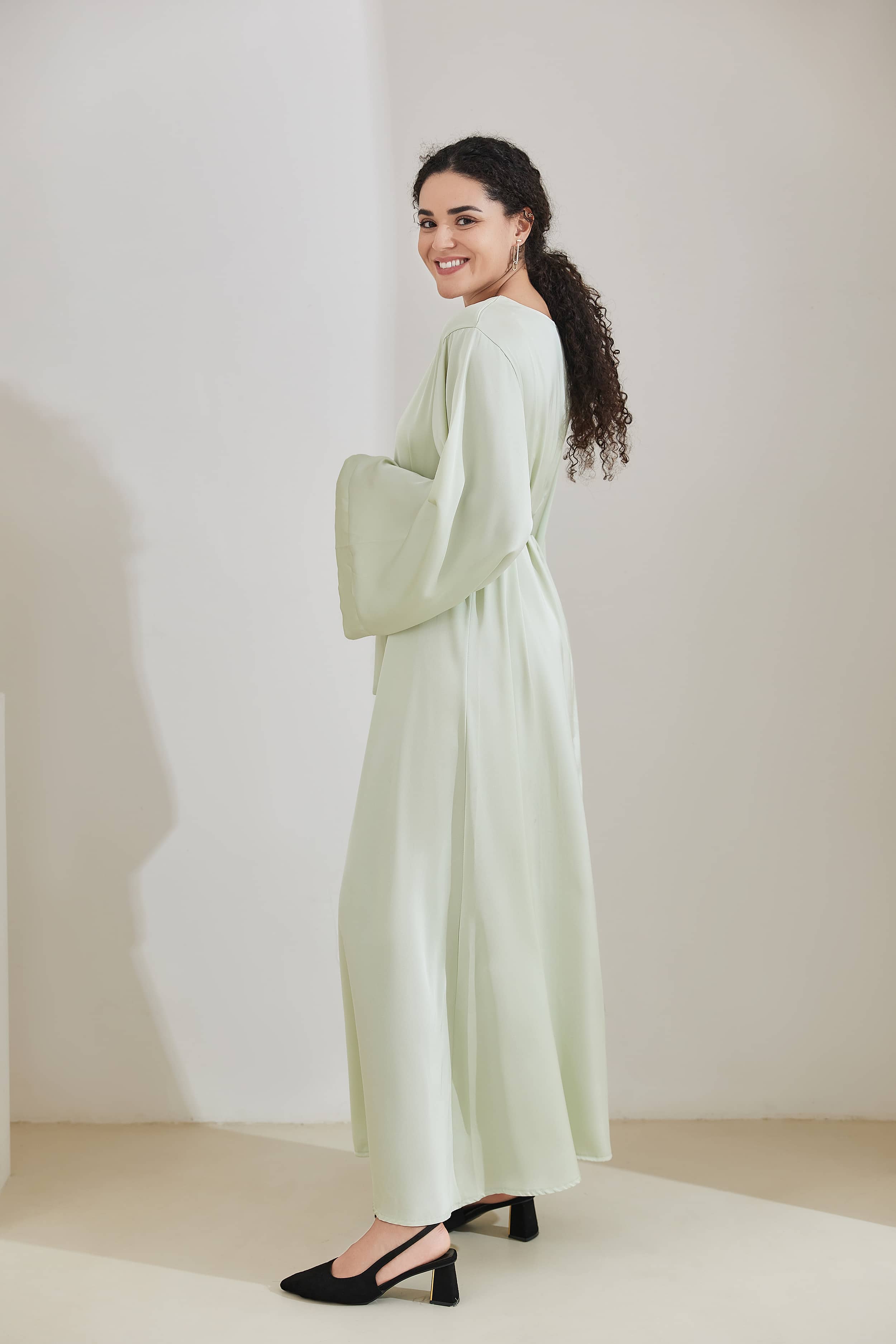 ALEENA Satin Polyester Modest Maxi Dress Abaya 503 - HoneyDew - Meliza