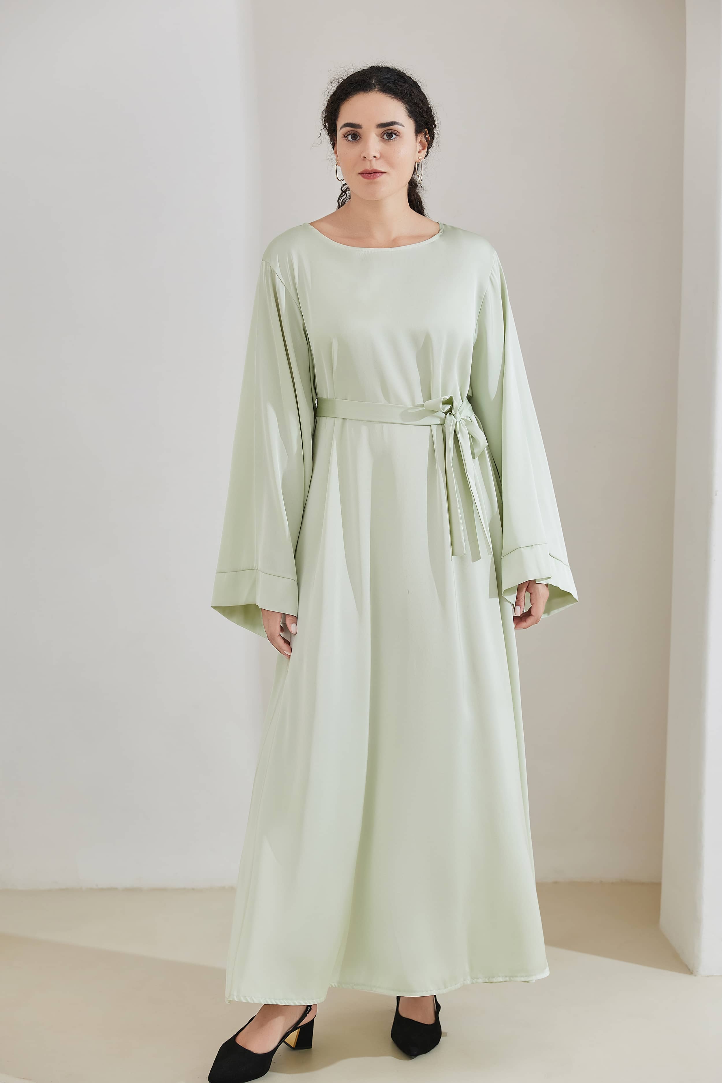 ALEENA Satin Polyester Modest Maxi Dress Abaya 503 - HoneyDew - Meliza