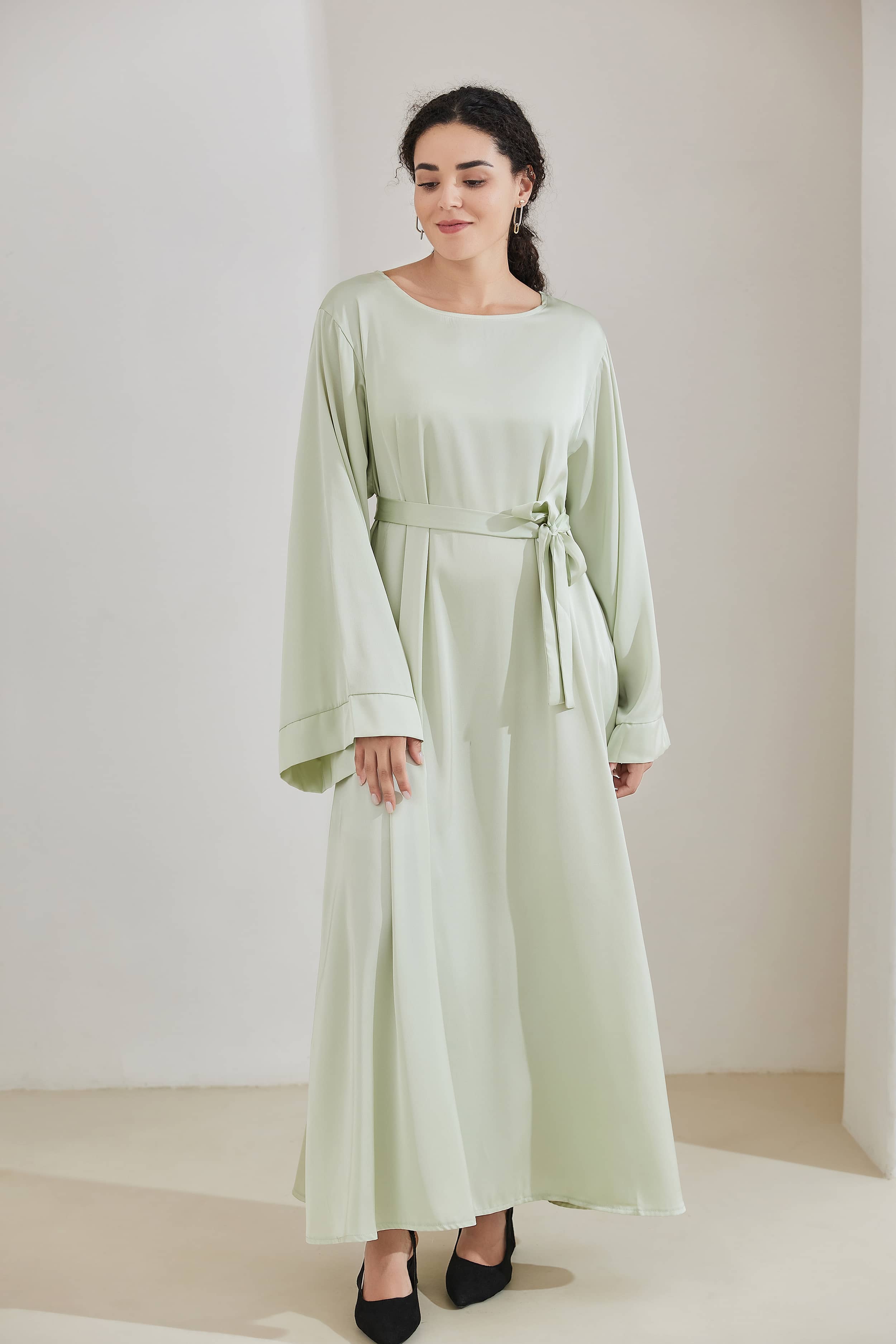 ALEENA Satin Polyester Modest Maxi Dress Abaya 503 - HoneyDew - Meliza